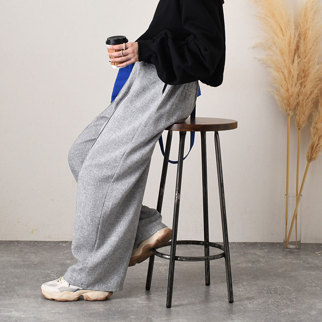 リアルスタイル REAL STYLE ワイドパンツ レディース 春 夏 秋 冬 きれいめ ツイード 薄手 ウエストゴム ハイウエスト ボトムス おしゃれ オフィス シワになりにくい (ブラック) ブラック