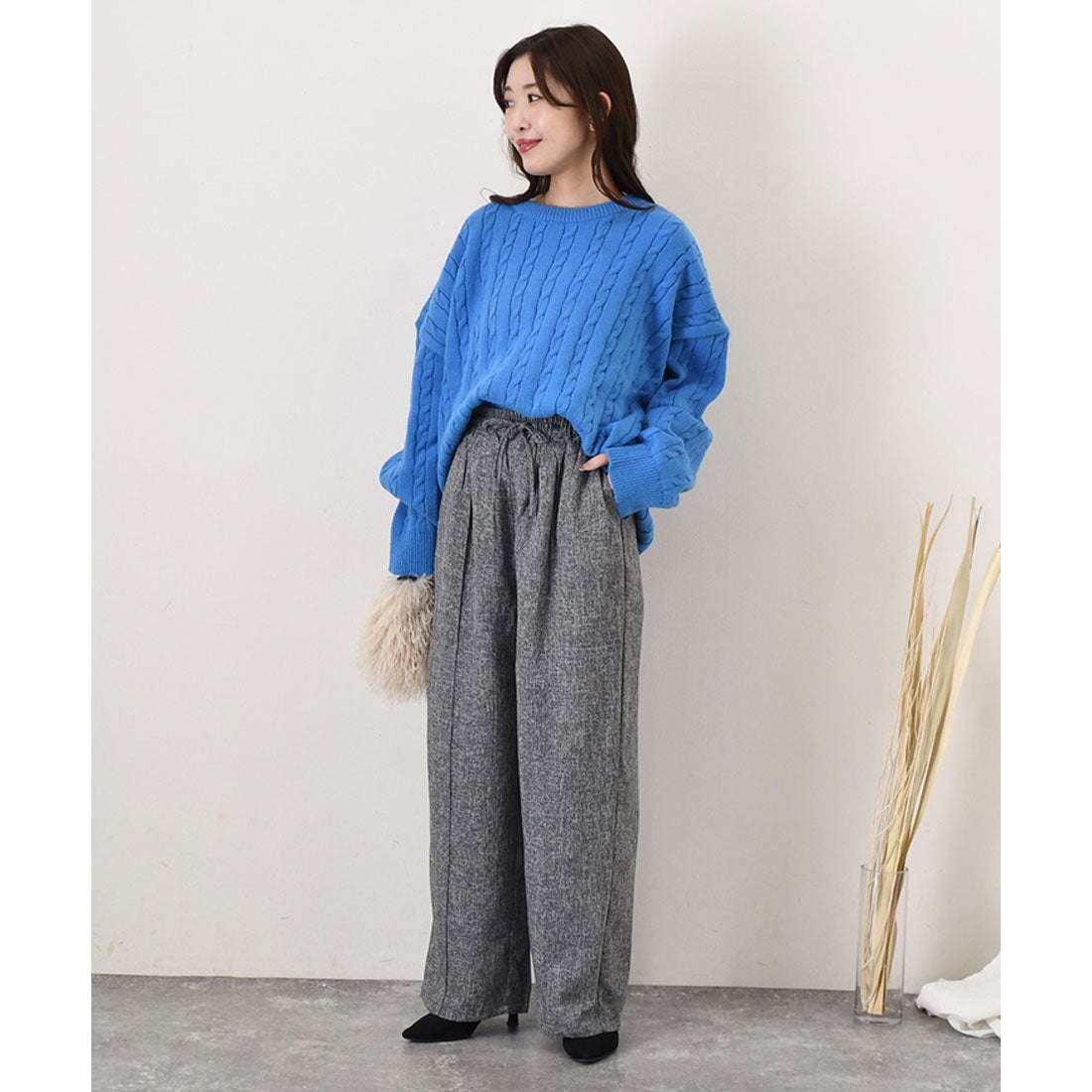 リアルスタイル REAL STYLE ワイドパンツ レディース 春 夏 秋 冬 きれいめ ツイード 薄手 ウエストゴム ハイウエスト ボトムス おしゃれ オフィス シワになりにくい (ブラック) ブラック