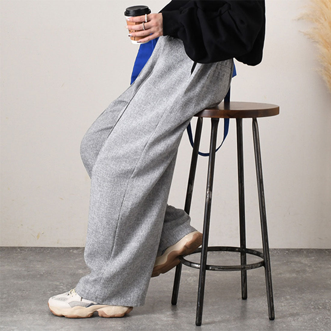 リアルスタイル REAL STYLE ワイドパンツ レディース 春 夏 秋 冬 きれいめ ツイード 薄手 ウエストゴム ハイウエスト ボトムス おしゃれ オフィス シワになりにくい (グレー) グレー