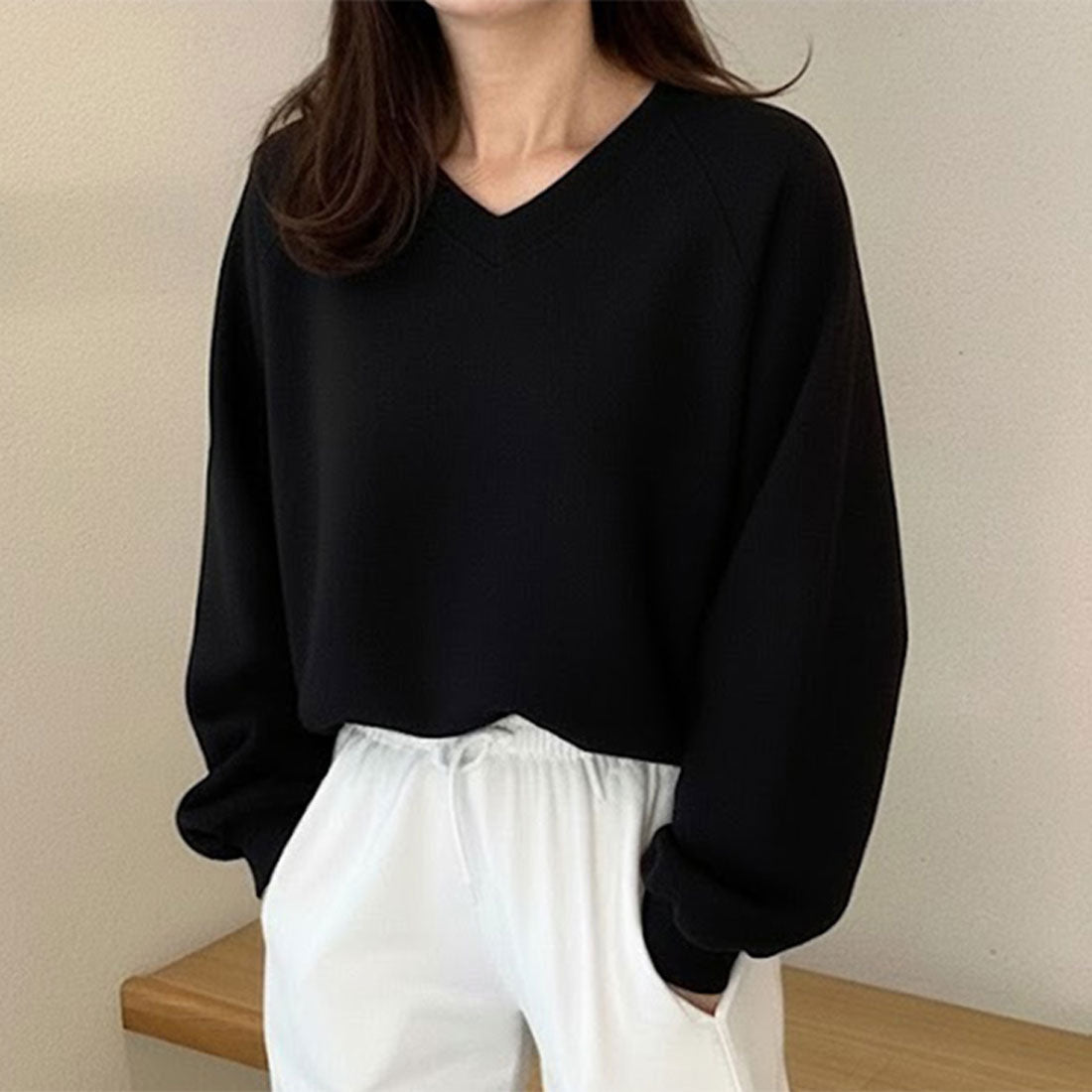 リアルスタイル REAL STYLE スウェット レディース 裏起毛 ゆったり 大きいサイズ 厚手 冬 暖かい あったか トップス トレーナー スエット ラグラン Vネック 韓国 韓国ファッション チンチャコリア (ブラック) ブラック