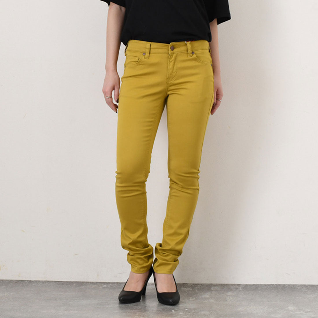 リアルスタイル REAL STYLE スキニーパンツ レディース 美脚 脚長 コットン 綿 黒 大きいサイズ 春 夏 秋 冬 細身 スリム ボトムス ズボン ウエストゴム 通年 (マスタード(44)) マスタード(44)