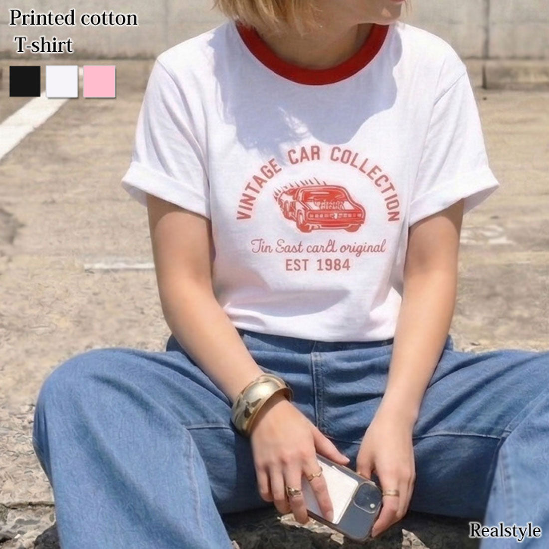 リアルスタイル REAL STYLE Tシャツ カットソー レディース 半袖 薄手 春 夏 コットン 綿 ロゴ イラスト プリント トップス 丸首 シンプル ロゴT 韓国 配色 韓国ファッション チンチャコリア (ブラック) ブラック