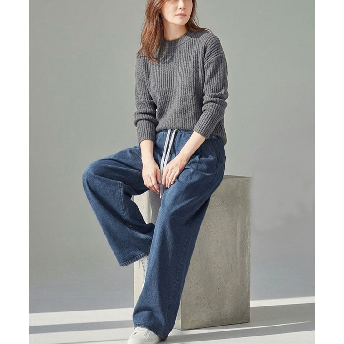 リアルスタイル REAL STYLE デニムパンツ レディース ワイド ウエストゴム ストレッチ 薄手 ボトムス ジーンズ ジーパン ズボン ゆったり 大きめ ポケット おしゃれ (ブルー) ブルー