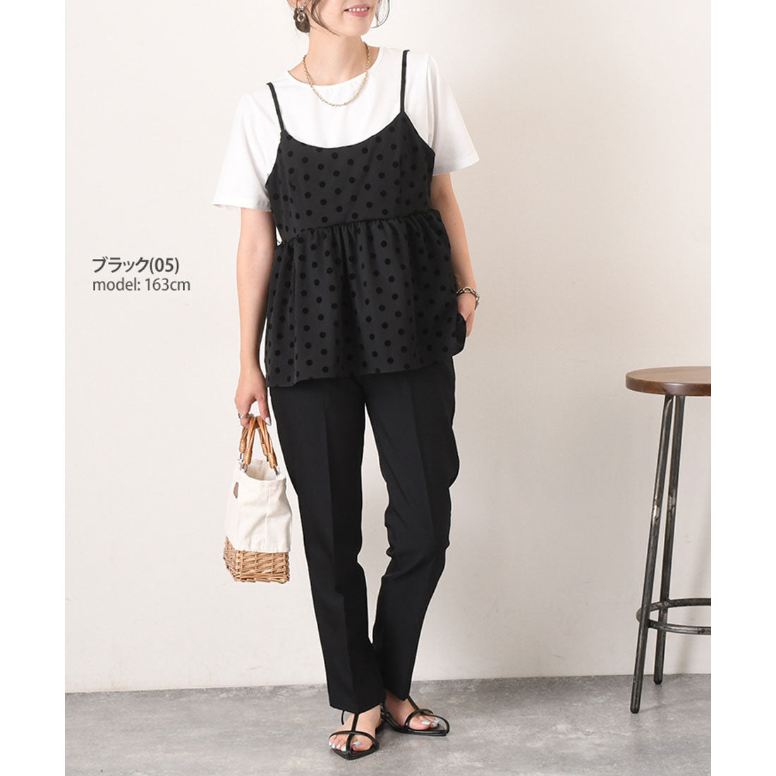 REAL STYLE 女式緊身胸衣 T 卹 2 件套,植絨圓點圖案,分層,時尚,可愛,緊身衣,喇叭上衣,剪裁和縫製,吊帶背心,套裝