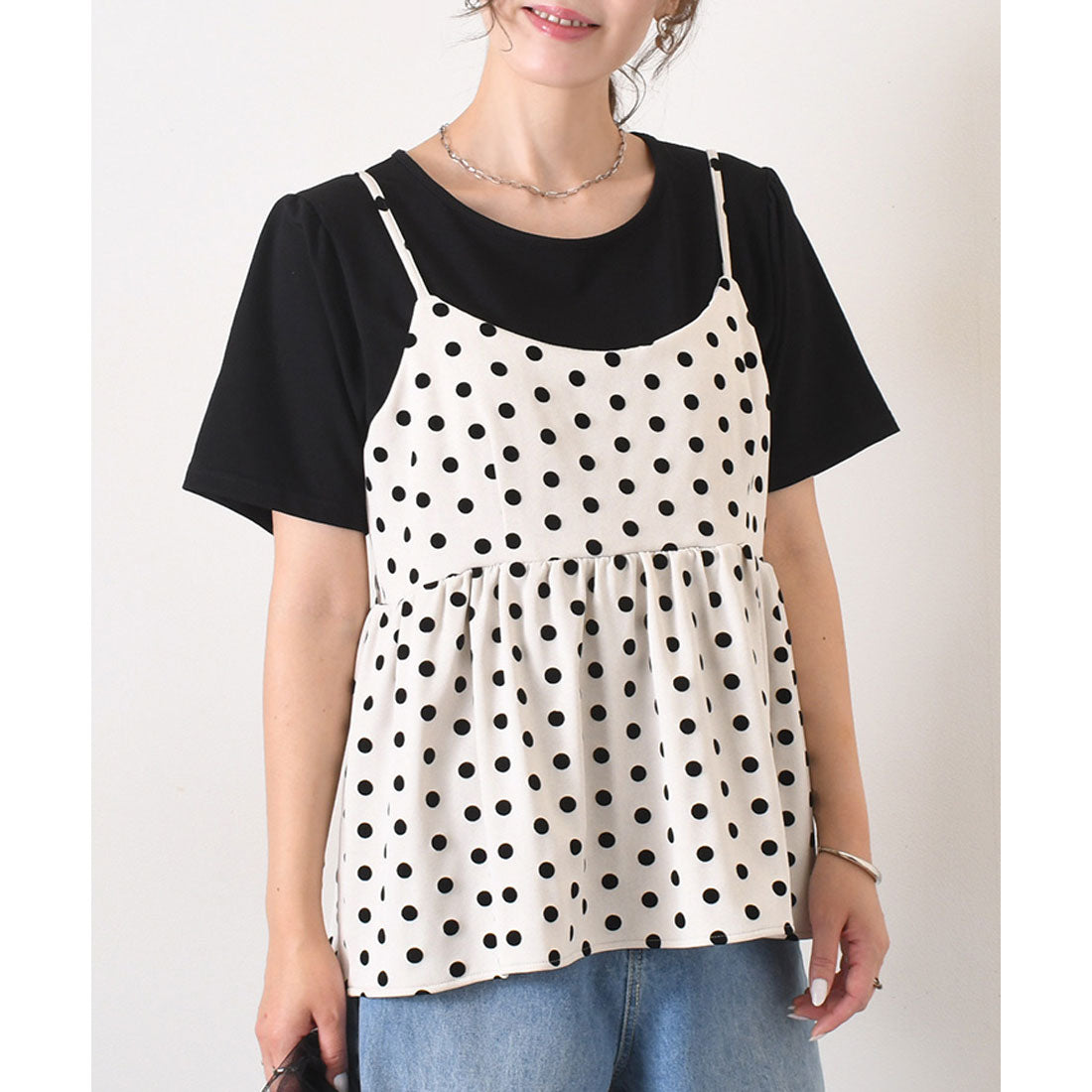 REAL STYLE 女式緊身胸衣 T 卹 2 件套,植絨圓點圖案,分層,時尚,可愛,緊身衣,喇叭上衣,剪裁和縫製,吊帶背心,套裝