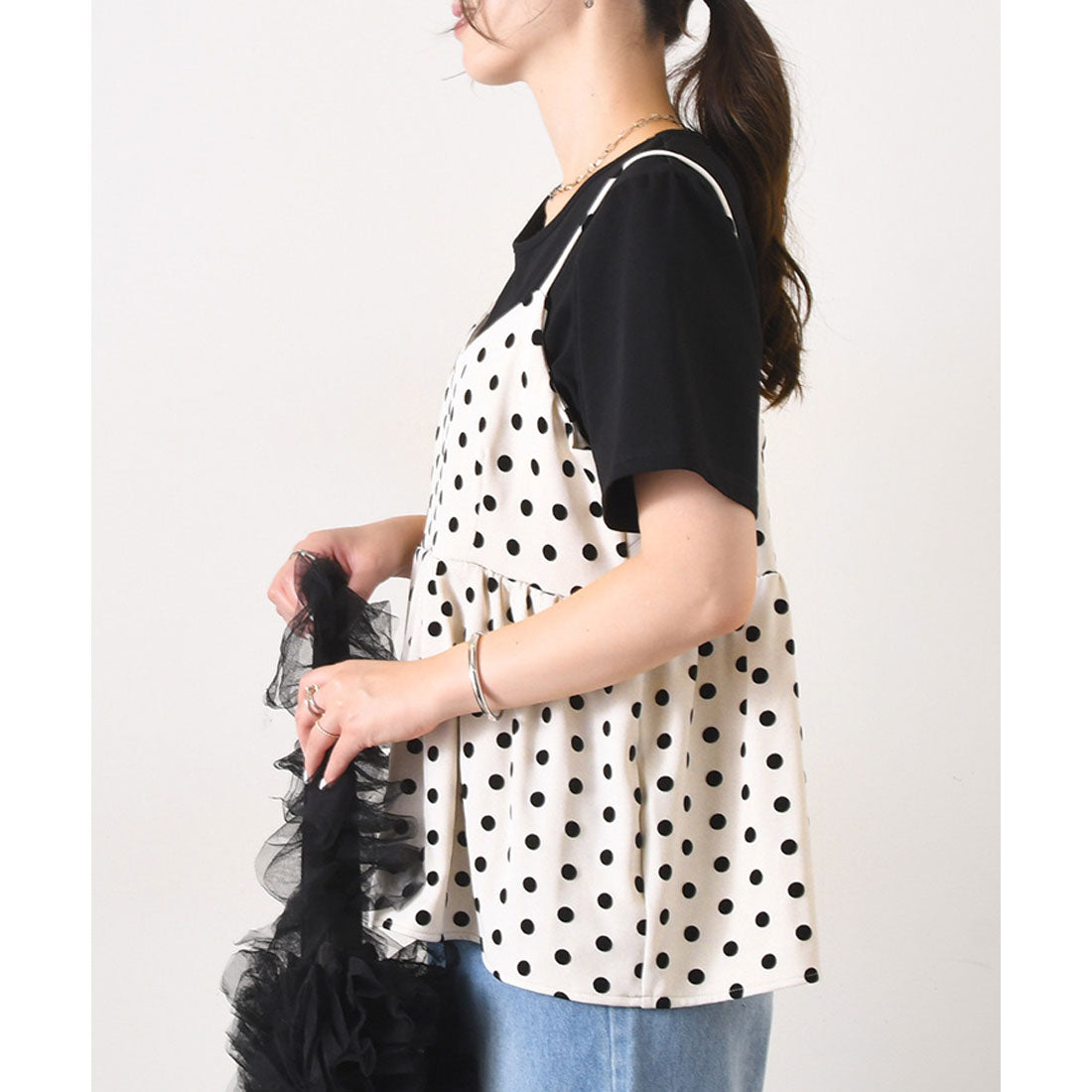 REAL STYLE 女式緊身胸衣 T 卹 2 件套,植絨圓點圖案,分層,時尚,可愛,緊身衣,喇叭上衣,剪裁和縫製,吊帶背心,套裝