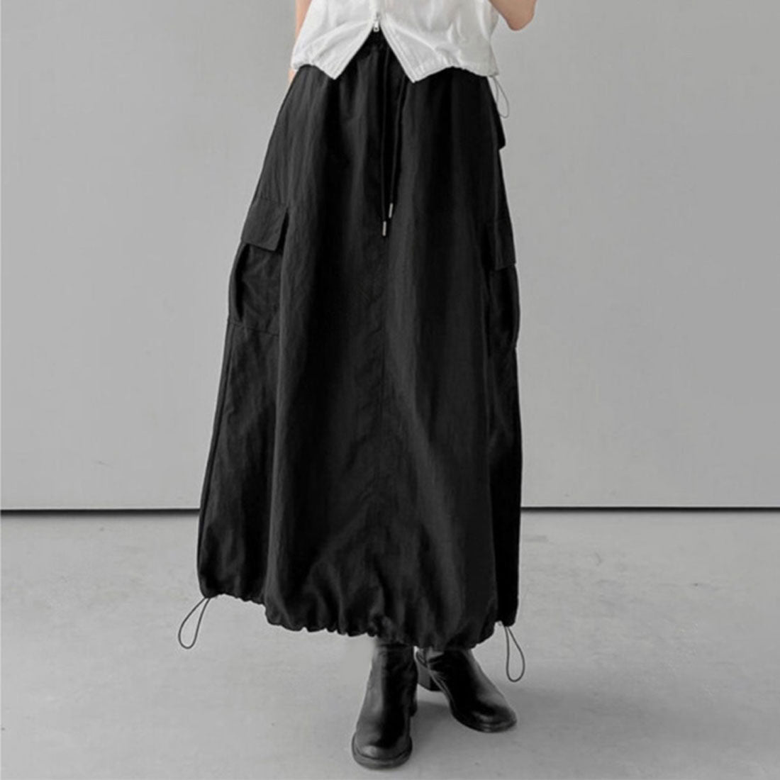 リアルスタイル REAL STYLE スカート レディース カーゴ ロング マキシ 夏 秋 ゆったり ウエストゴム シンプル 可愛い おしゃれ アウトドア ナイロン風 バルーン 韓国ファッション チンチャコリア (ブラック) ブラック