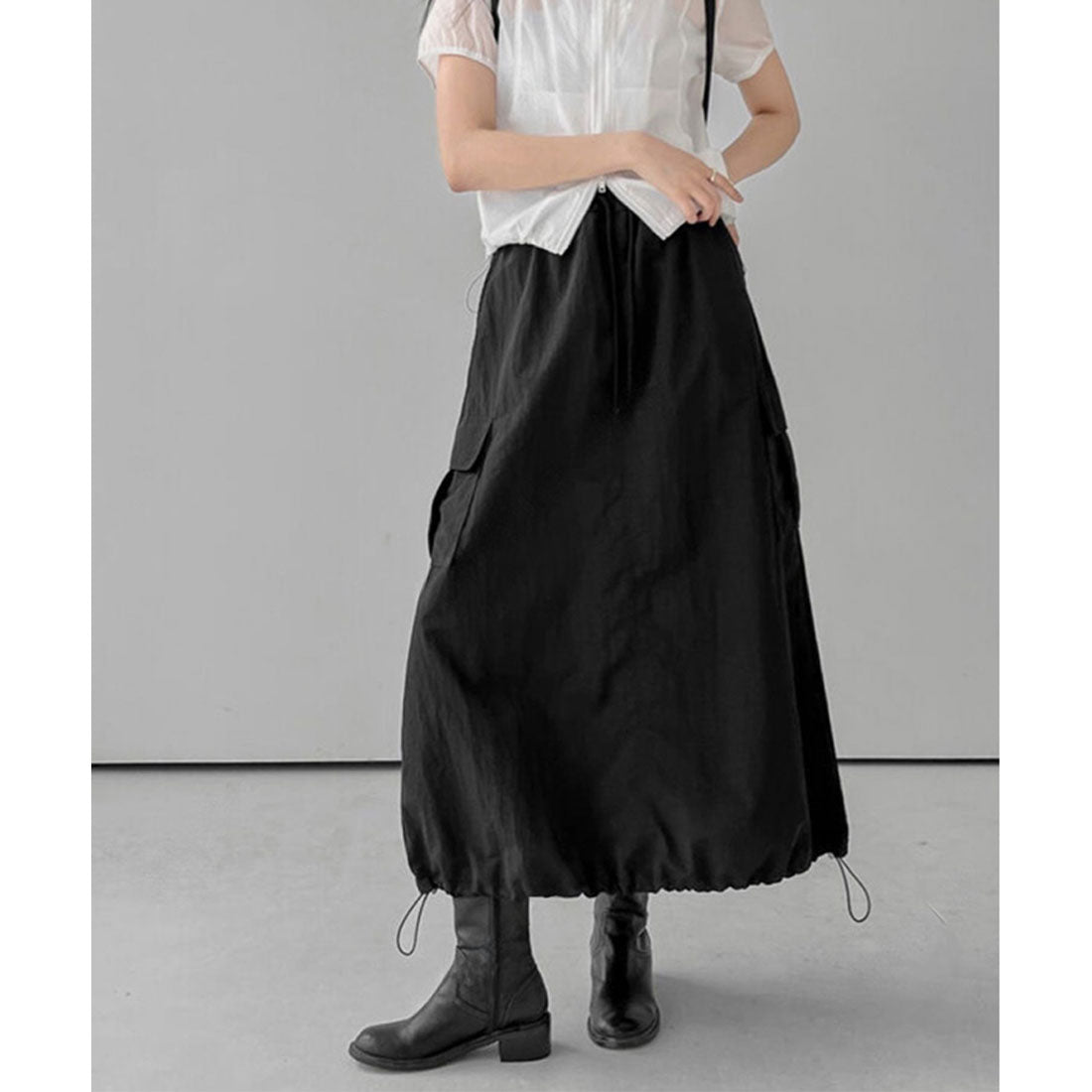 リアルスタイル REAL STYLE スカート レディース カーゴ ロング マキシ 夏 秋 ゆったり ウエストゴム シンプル 可愛い おしゃれ アウトドア ナイロン風 バルーン 韓国ファッション チンチャコリア (ブラック) ブラック