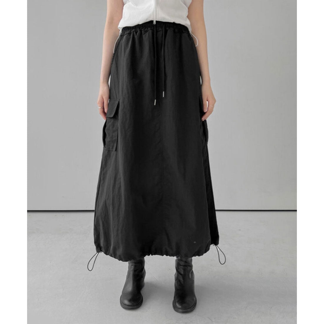 リアルスタイル REAL STYLE スカート レディース カーゴ ロング マキシ 夏 秋 ゆったり ウエストゴム シンプル 可愛い おしゃれ アウトドア ナイロン風 バルーン 韓国ファッション チンチャコリア (ブラック) ブラック