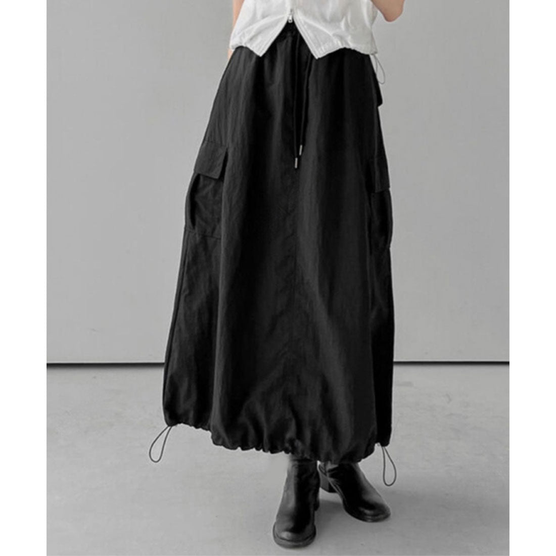 リアルスタイル REAL STYLE スカート レディース カーゴ ロング マキシ 夏 秋 ゆったり ウエストゴム シンプル 可愛い おしゃれ アウトドア ナイロン風 バルーン 韓国ファッション チンチャコリア (ブラック) ブラック