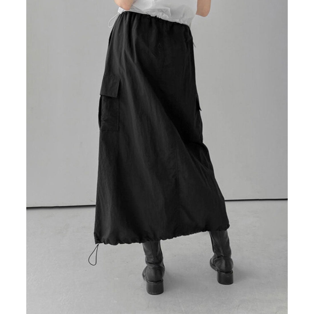 リアルスタイル REAL STYLE スカート レディース カーゴ ロング マキシ 夏 秋 ゆったり ウエストゴム シンプル 可愛い おしゃれ アウトドア ナイロン風 バルーン 韓国ファッション チンチャコリア (ブラック) ブラック