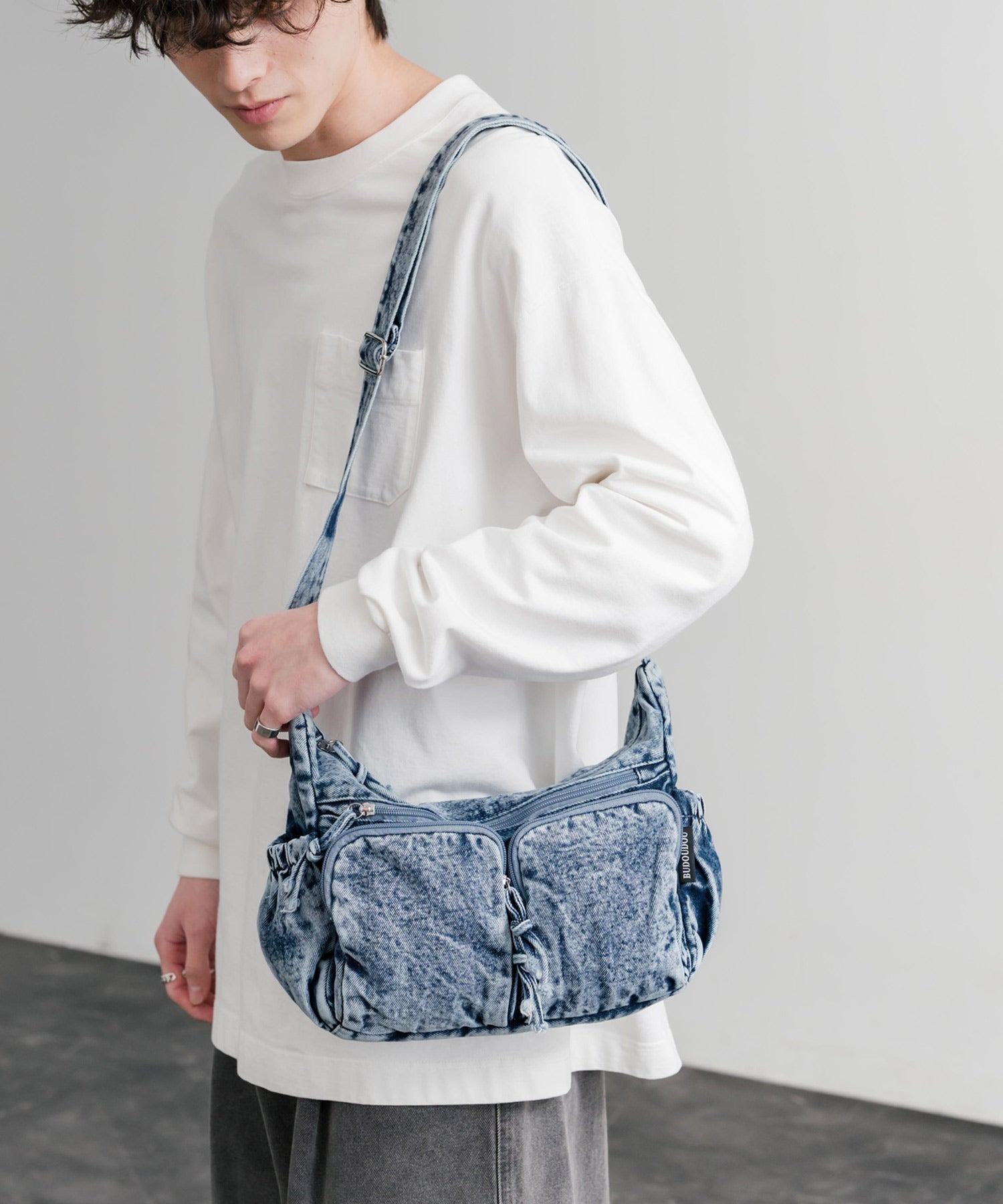 ロッキーモンロー Rocky Monroe ショルダーバッグ ヴィンテージ メンズ レディース 綿 コットン B5 通勤 通学 シンプル 無地 デニム 斜め掛け 肩かけ ライブ お出かけ 15507 (ブルー) ブルー