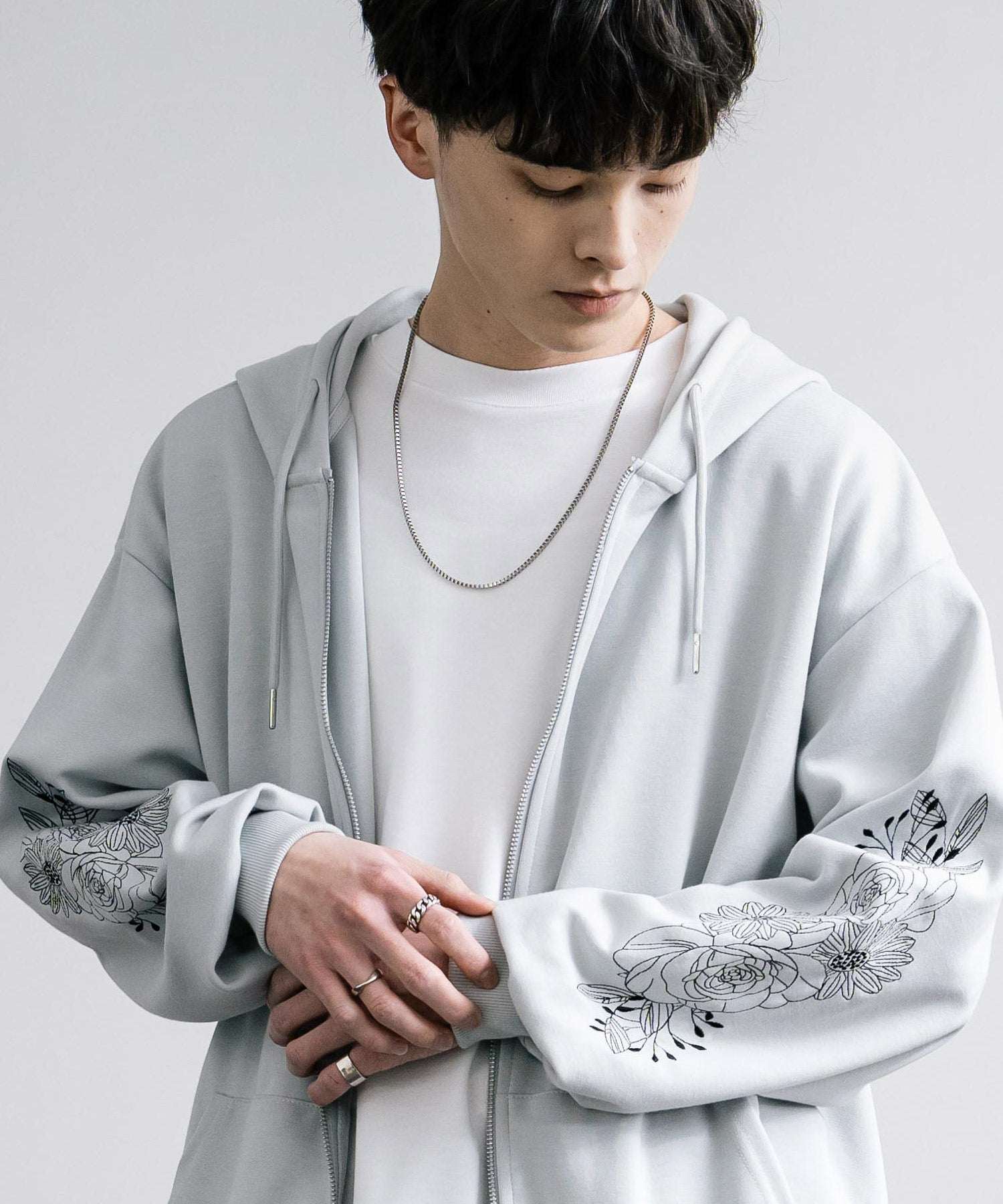 ロッキーモンロー Rocky Monroe パーカー フルジップ メンズ レディース 袖刺繍 花柄 フラワー フーディー オーバーサイズ ルームウェア ライトアウター 羽織り モード 韓国 14338