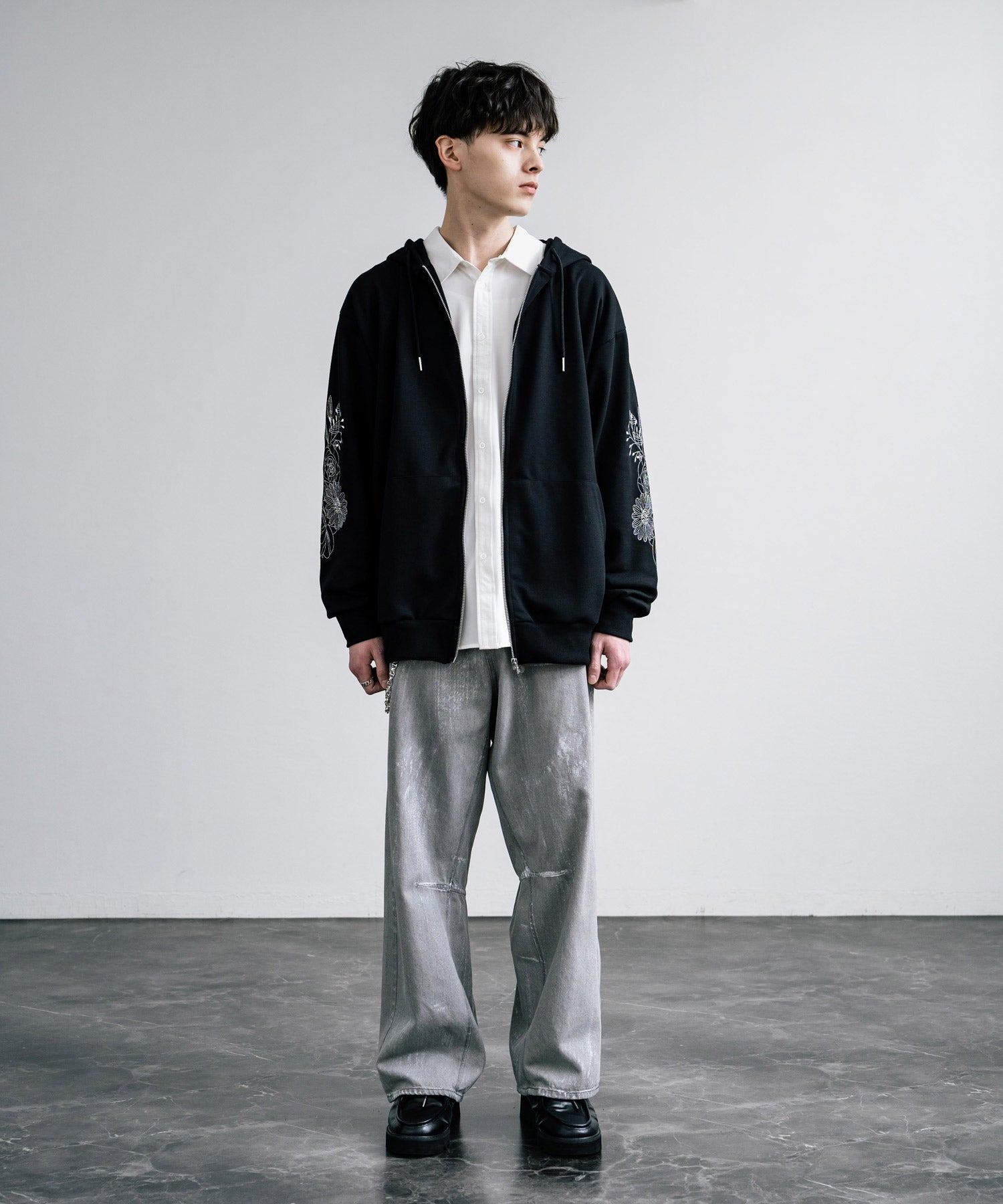 ロッキーモンロー Rocky Monroe パーカー フルジップ メンズ レディース 袖刺繍 花柄 フラワー フーディー オーバーサイズ ルームウェア ライトアウター 羽織り モード 韓国 14338