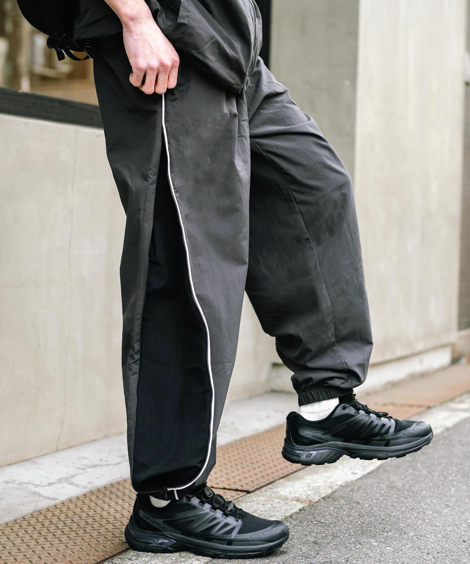 ロッキーモンロー Rocky Monroe トラックパンツ ナイロン サイドジップ ワイド メンズ レディース 配色 2way テック系 パイピング イージージョガー スケーター ドローコード 14308 (グレー) グレー