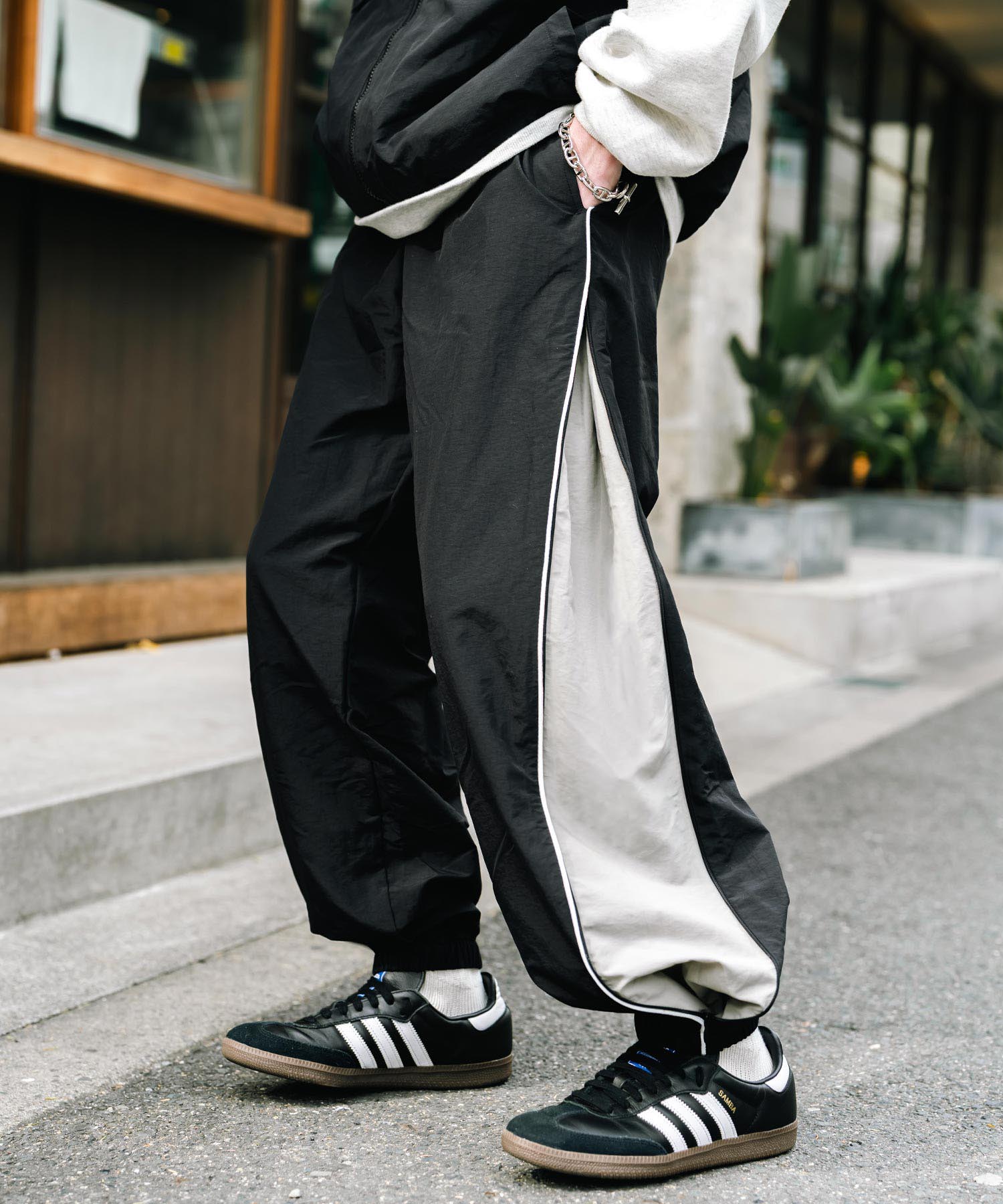 ロッキーモンロー Rocky Monroe トラックパンツ ナイロン サイドジップ ワイド メンズ レディース 配色 2way テック系 パイピング イージージョガー スケーター ドローコード 14308 (ブラック) ブラック