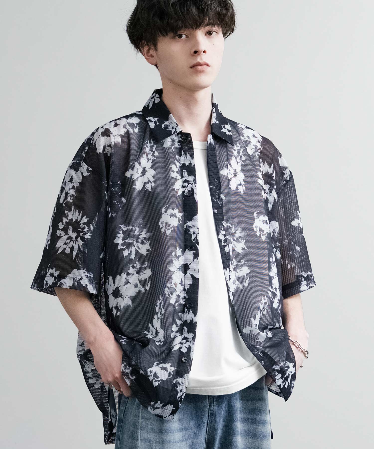 ロッキーモンロー Rocky Monroe カジュアルシャツ 半袖 メッシュ 総柄 メンズ レディース シアー レギュラーカラー オーバーサイズ チェック グレンチェック フラワー 花柄  14310 (ブラック(花柄)) ブラック(花柄)