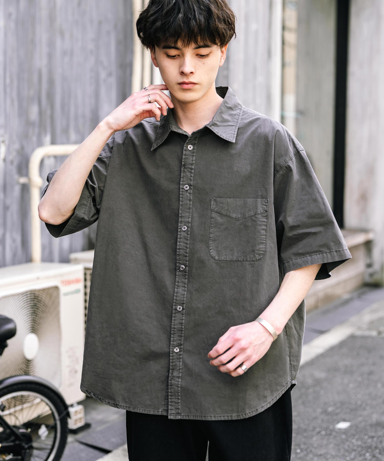 ロッキーモンロー Rocky Monroe カジュアルシャツ 半袖 ピグメント メンズ レディース ブロード 無地 オーバーサイズ ヴィンテージ USED感 製品染め フェード ストリート 14391 (グレー) グレー