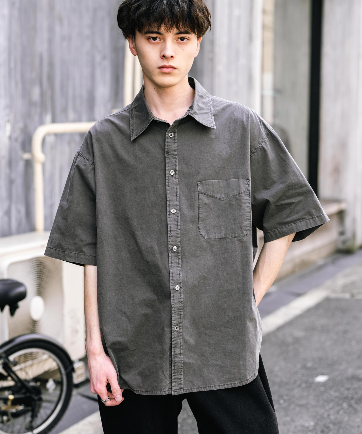 ロッキーモンロー Rocky Monroe カジュアルシャツ 半袖 ピグメント メンズ レディース ブロード 無地 オーバーサイズ ヴィンテージ USED感 製品染め フェード ストリート 14391 (グレー) グレー