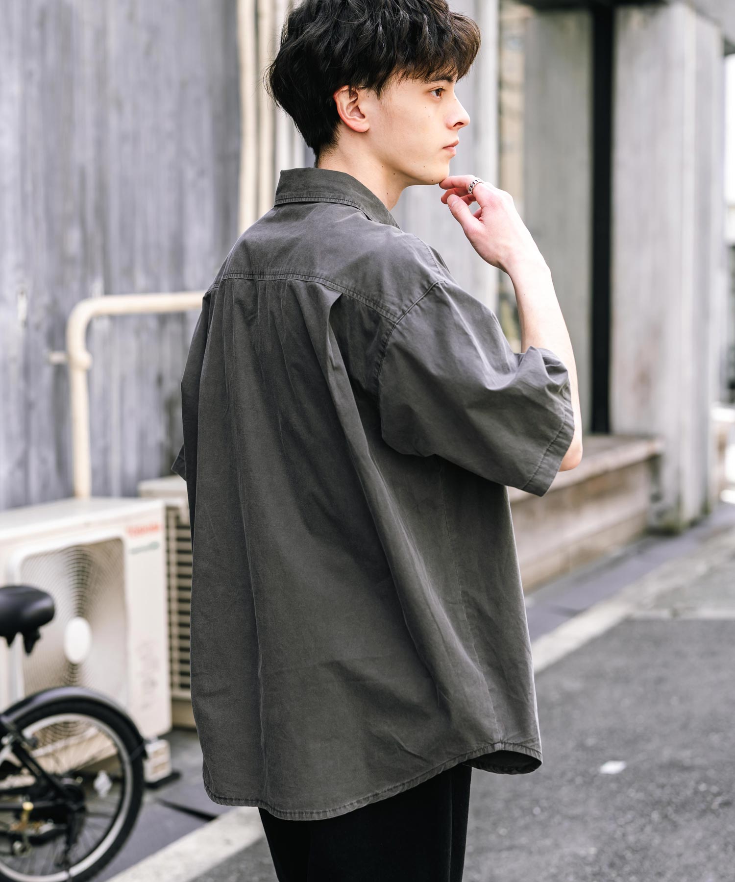 ロッキーモンロー Rocky Monroe カジュアルシャツ 半袖 ピグメント メンズ レディース ブロード 無地 オーバーサイズ ヴィンテージ USED感 製品染め フェード ストリート 14391 (グレー) グレー