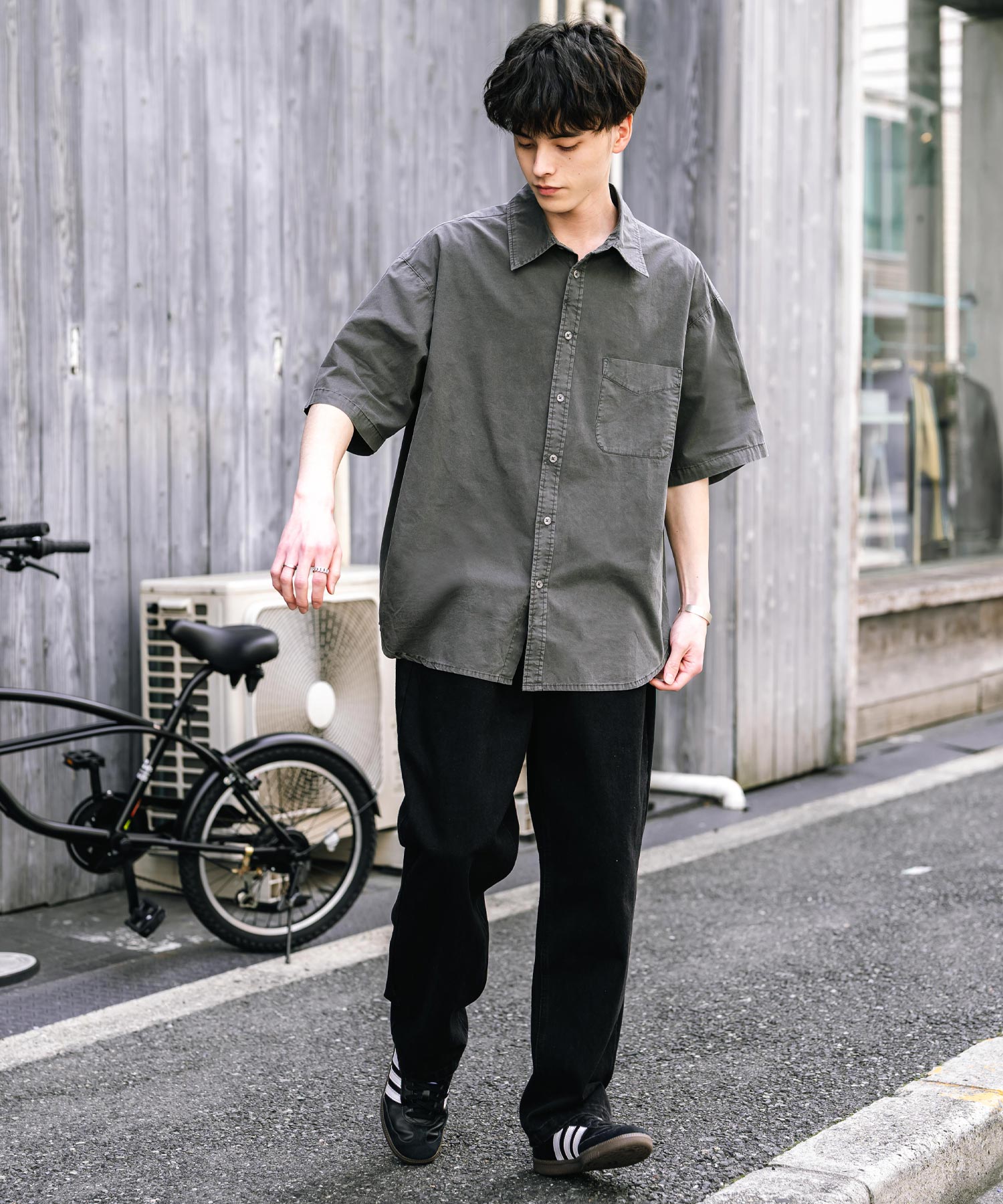 ロッキーモンロー Rocky Monroe カジュアルシャツ 半袖 ピグメント メンズ レディース ブロード 無地 オーバーサイズ ヴィンテージ USED感 製品染め フェード ストリート 14391 (グレー) グレー