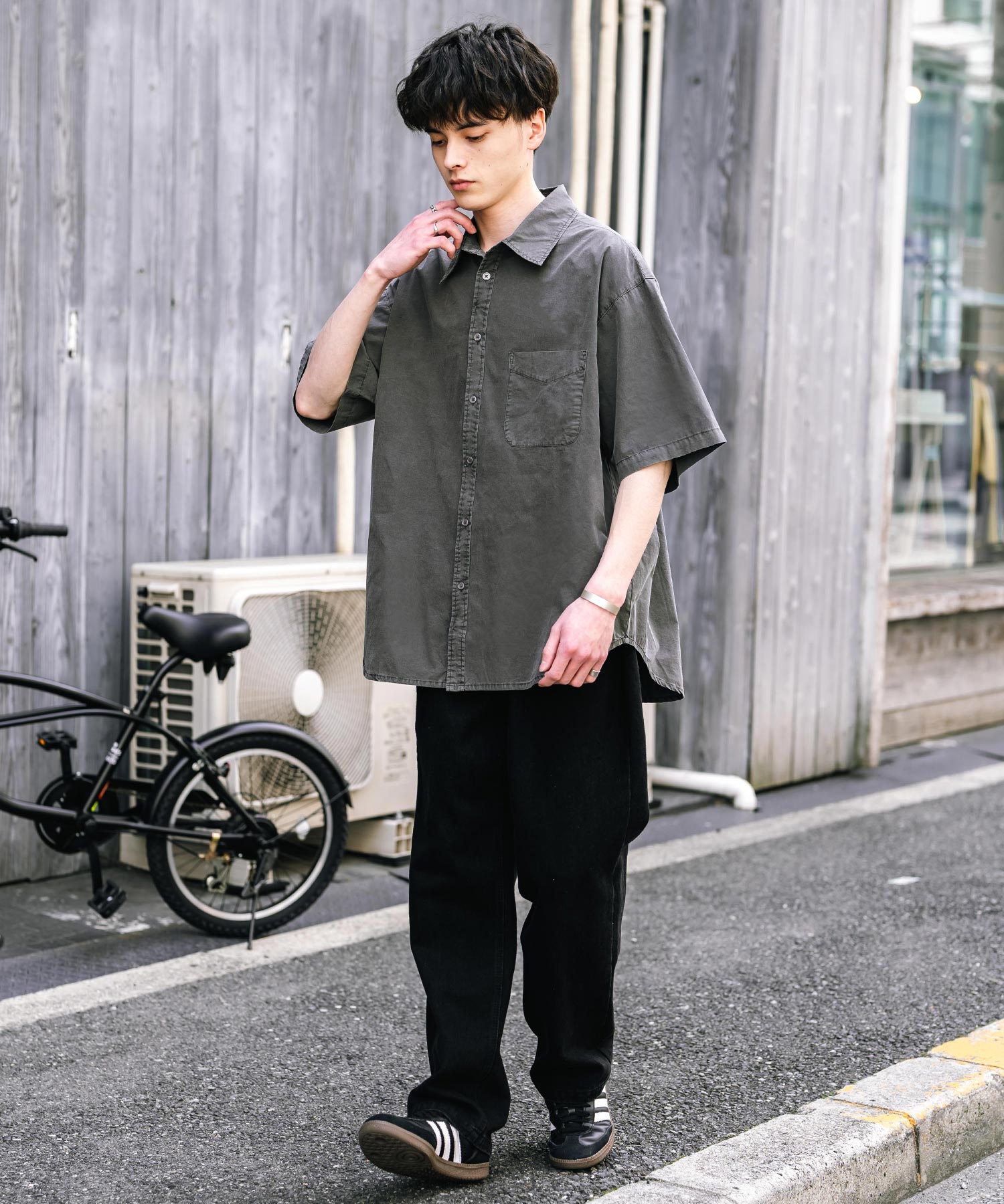 ロッキーモンロー Rocky Monroe カジュアルシャツ 半袖 ピグメント メンズ レディース ブロード 無地 オーバーサイズ ヴィンテージ USED感 製品染め フェード ストリート 14391 (グレー) グレー