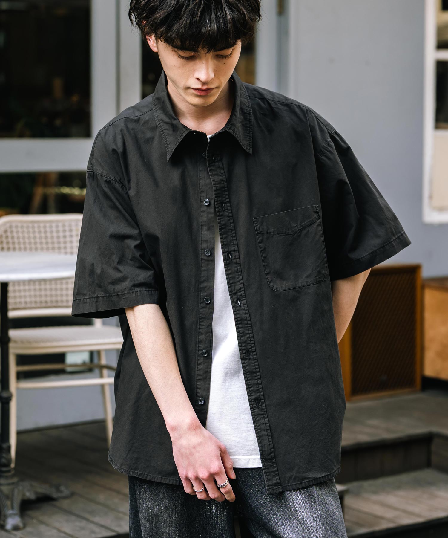 ロッキーモンロー Rocky Monroe カジュアルシャツ 半袖 ピグメント メンズ レディース ブロード 無地 オーバーサイズ ヴィンテージ USED感 製品染め フェード ストリート 14391 (グレー) グレー