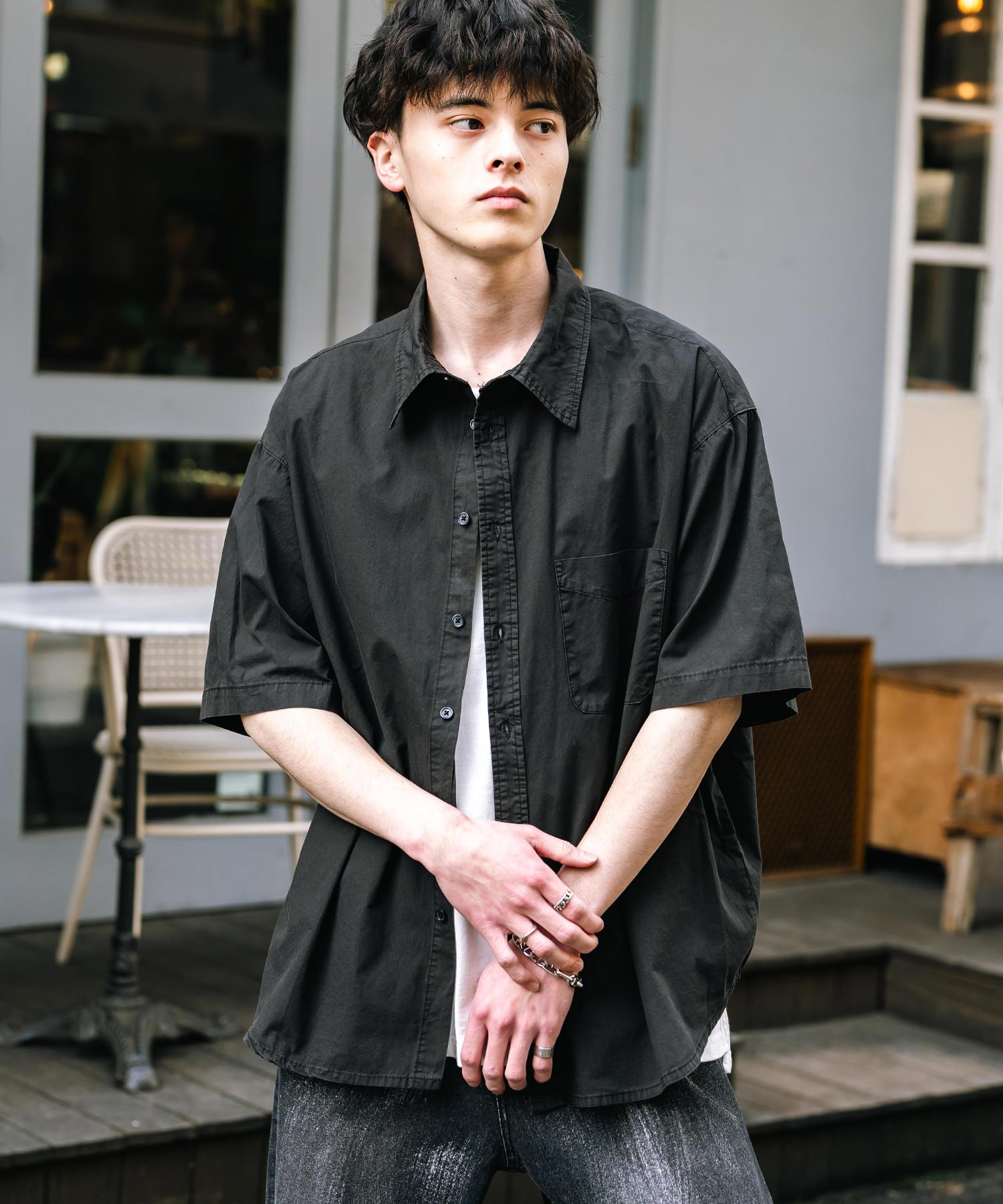 ロッキーモンロー Rocky Monroe カジュアルシャツ 半袖 ピグメント メンズ レディース ブロード 無地 オーバーサイズ ヴィンテージ USED感 製品染め フェード ストリート 14391 (グレー) グレー