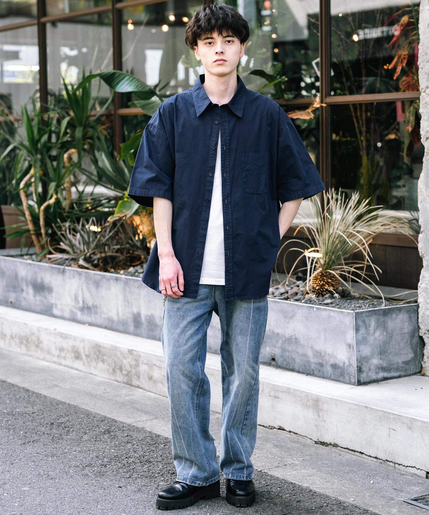 ロッキーモンロー Rocky Monroe カジュアルシャツ 半袖 ピグメント メンズ レディース ブロード 無地 オーバーサイズ ヴィンテージ USED感 製品染め フェード ストリート 14391 (グレー) グレー