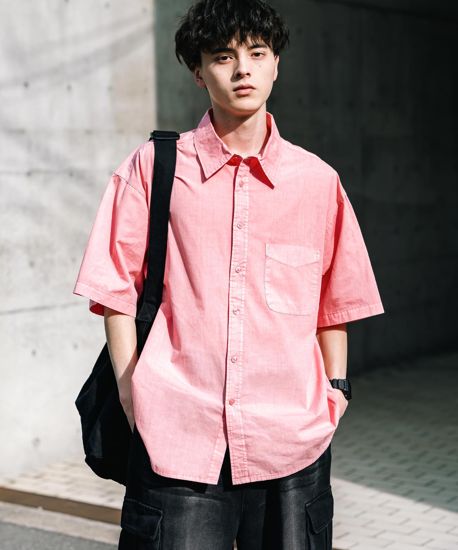 ロッキーモンロー Rocky Monroe カジュアルシャツ 半袖 ピグメント メンズ レディース ブロード 無地 オーバーサイズ ヴィンテージ USED感 製品染め フェード ストリート 14391 (グレー) グレー