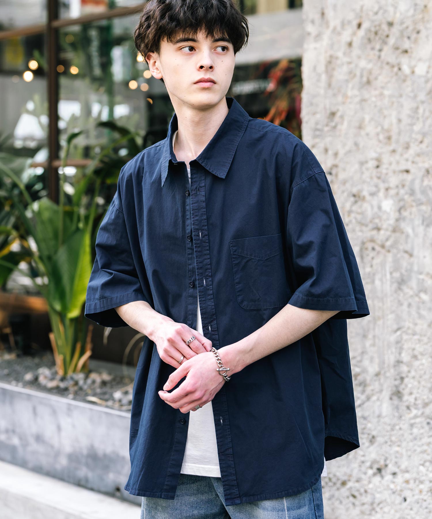 ロッキーモンロー Rocky Monroe カジュアルシャツ 半袖 ピグメント メンズ レディース ブロード 無地 オーバーサイズ ヴィンテージ USED感 製品染め フェード ストリート 14391 (ネイビー) ネイビー