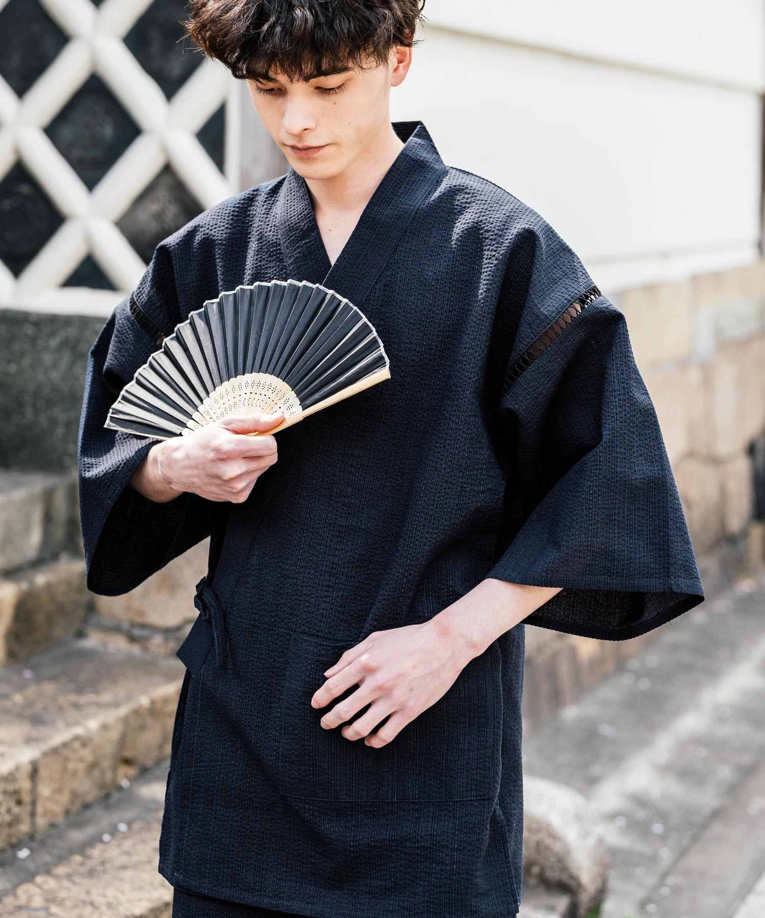 ロッキーモンロー Rocky Monroe 甚平 セットアップ メンズ レディース 和服 上下セット しじら織り シアサッカー 無地 ストライプ 清涼 ルームウェア 部屋着 花火大会 夏祭り 14156 (ネイビー-1) ネイビー-1