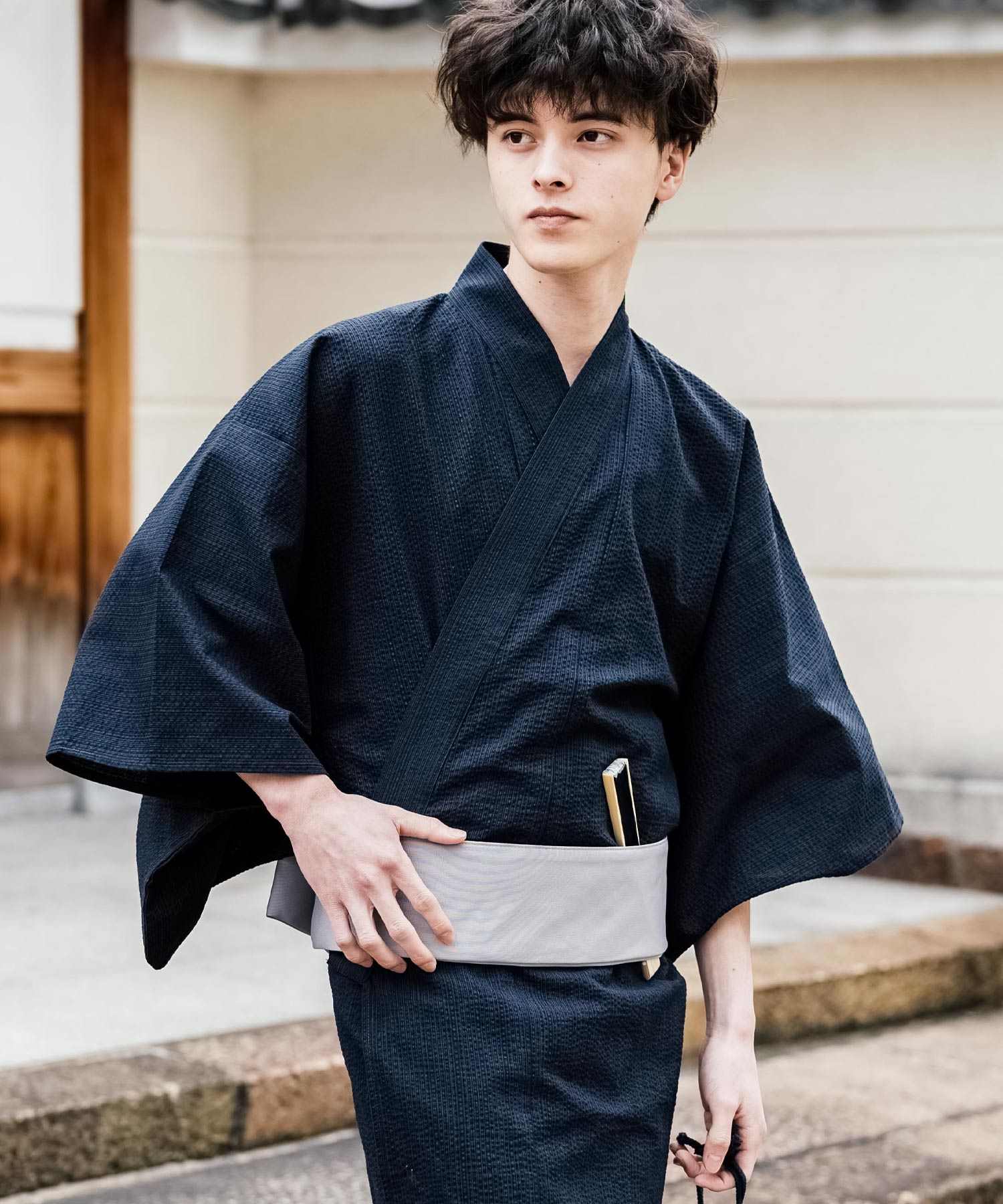 ロッキーモンロー Rocky Monroe 浴衣 5点セット メンズ 黒 下駄 扇子 帯 巾着 信玄袋 着物 和服 しじら織り シアサッカー 無地 ストライプレトロ モダン 花火大会 夏祭り 14155 (ネイビー-1) ネイビー-1