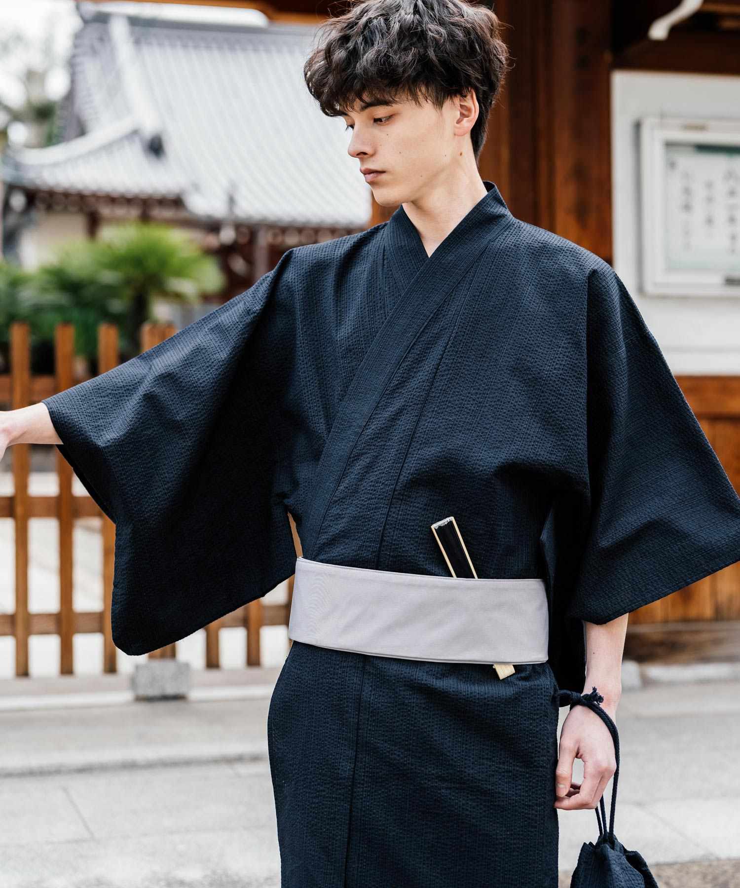 ロッキーモンロー Rocky Monroe 浴衣 5点セット メンズ 黒 下駄 扇子 帯 巾着 信玄袋 着物 和服 しじら織り シアサッカー 無地 ストライプレトロ モダン 花火大会 夏祭り 14155 (ネイビー-1) ネイビー-1