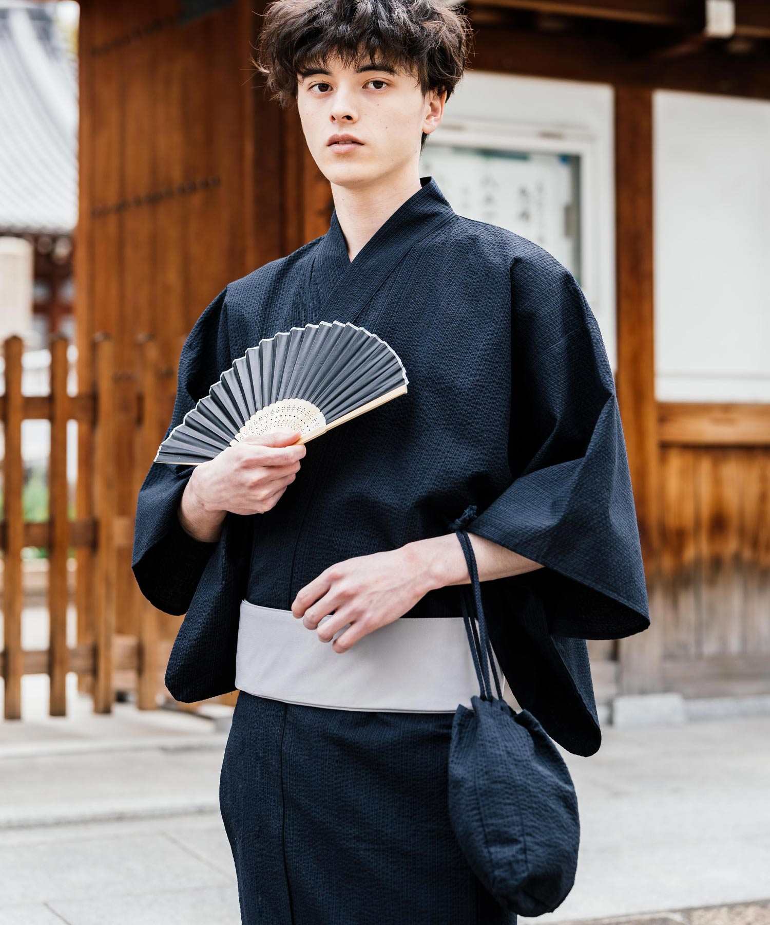 ロッキーモンロー Rocky Monroe 浴衣 5点セット メンズ 黒 下駄 扇子 帯 巾着 信玄袋 着物 和服 しじら織り シアサッカー 無地 ストライプレトロ モダン 花火大会 夏祭り 14155 (ネイビー-1) ネイビー-1