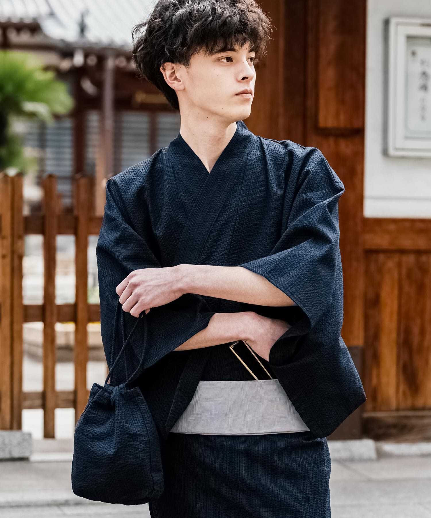 ロッキーモンロー Rocky Monroe 浴衣 5点セット メンズ 黒 下駄 扇子 帯 巾着 信玄袋 着物 和服 しじら織り シアサッカー 無地 ストライプレトロ モダン 花火大会 夏祭り 14155 (ネイビー-1) ネイビー-1