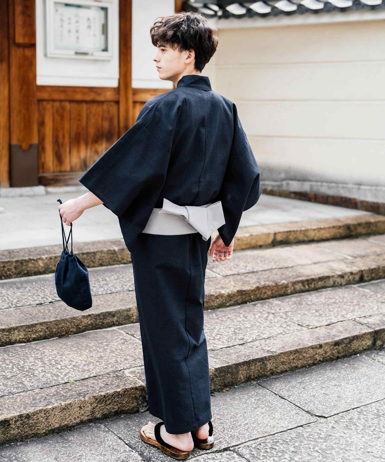 ロッキーモンロー Rocky Monroe 浴衣 5点セット メンズ 黒 下駄 扇子 帯 巾着 信玄袋 着物 和服 しじら織り シアサッカー 無地 ストライプレトロ モダン 花火大会 夏祭り 14155 (ネイビー-1) ネイビー-1