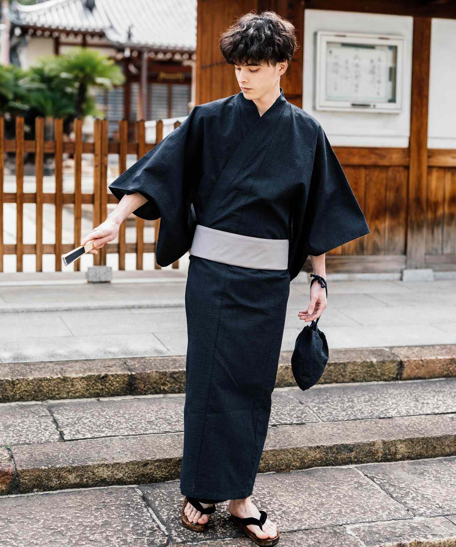 ロッキーモンロー Rocky Monroe 浴衣 5点セット メンズ 黒 下駄 扇子 帯 巾着 信玄袋 着物 和服 しじら織り シアサッカー 無地 ストライプレトロ モダン 花火大会 夏祭り 14155 (ネイビー-1) ネイビー-1