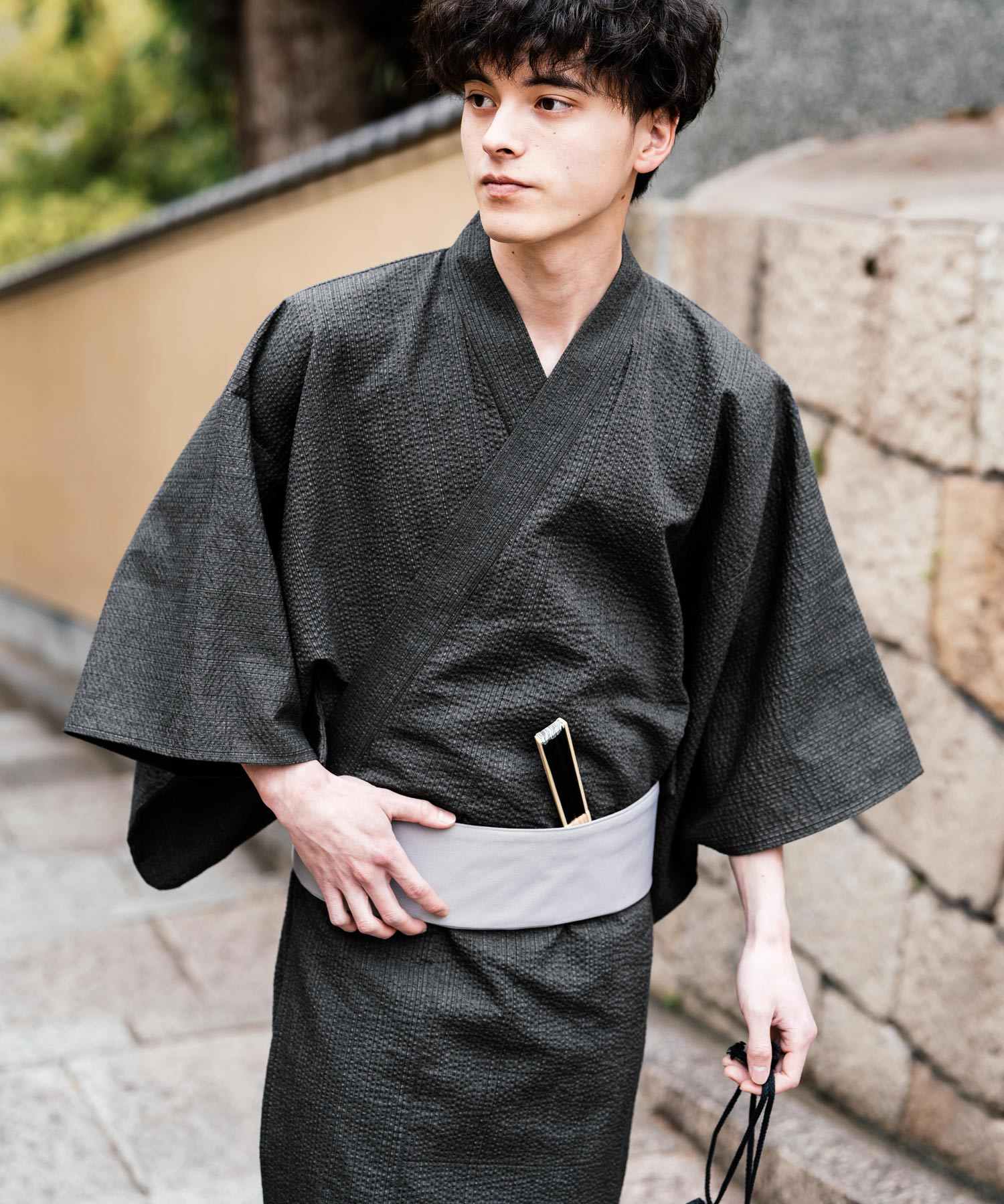 ロッキーモンロー Rocky Monroe 浴衣 5点セット メンズ 黒 下駄 扇子 帯 巾着 信玄袋 着物 和服 しじら織り シアサッカー 無地 ストライプレトロ モダン 花火大会 夏祭り 14155 (ネイビー-1) ネイビー-1