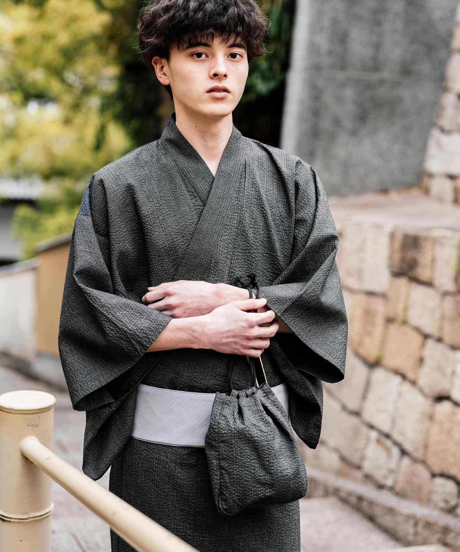 ロッキーモンロー Rocky Monroe 浴衣 5点セット メンズ 黒 下駄 扇子 帯 巾着 信玄袋 着物 和服 しじら織り シアサッカー 無地 ストライプレトロ モダン 花火大会 夏祭り 14155 (ネイビー-1) ネイビー-1