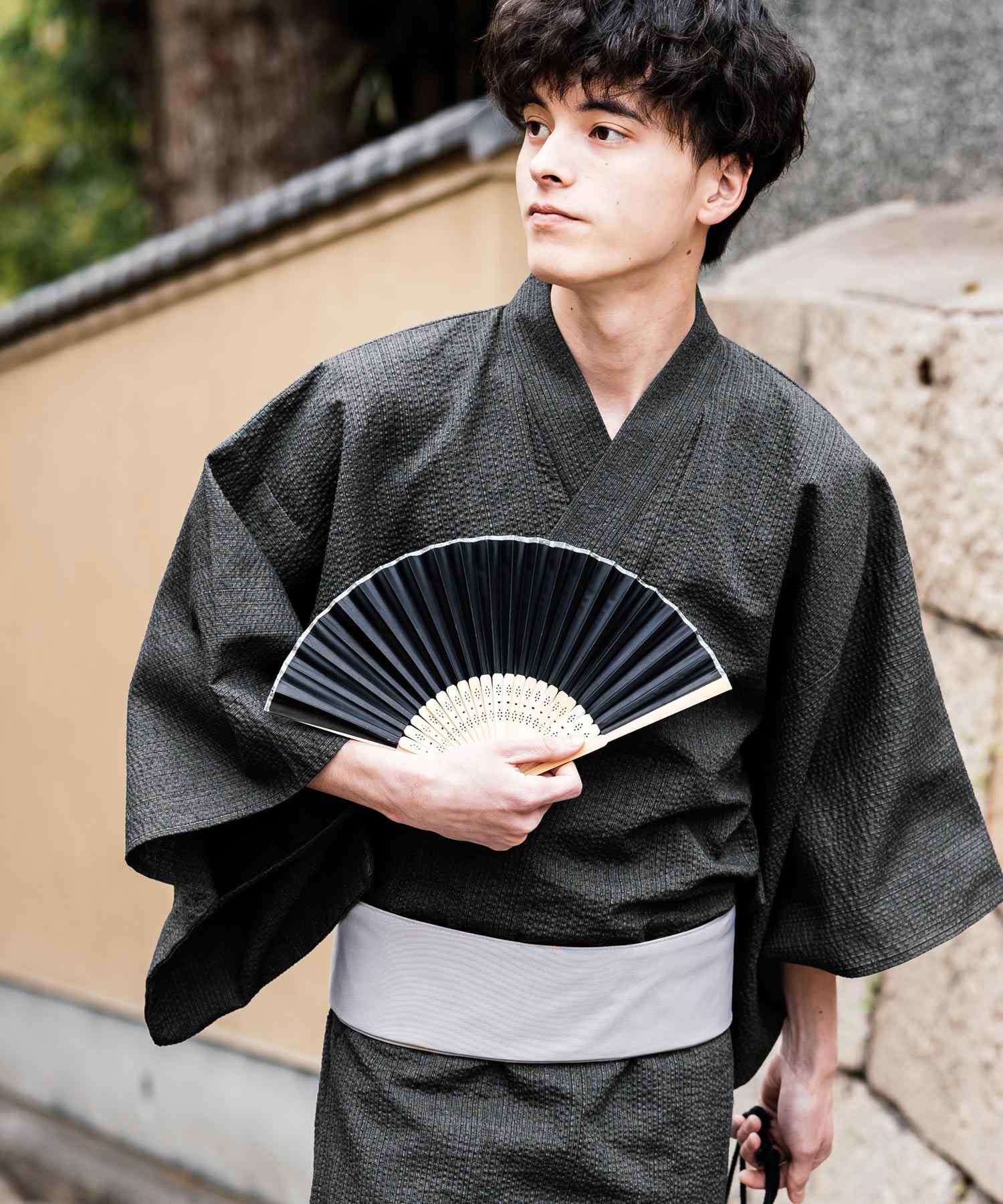 ロッキーモンロー Rocky Monroe 浴衣 5点セット メンズ 黒 下駄 扇子 帯 巾着 信玄袋 着物 和服 しじら織り シアサッカー 無地 ストライプレトロ モダン 花火大会 夏祭り 14155 (ネイビー-1) ネイビー-1