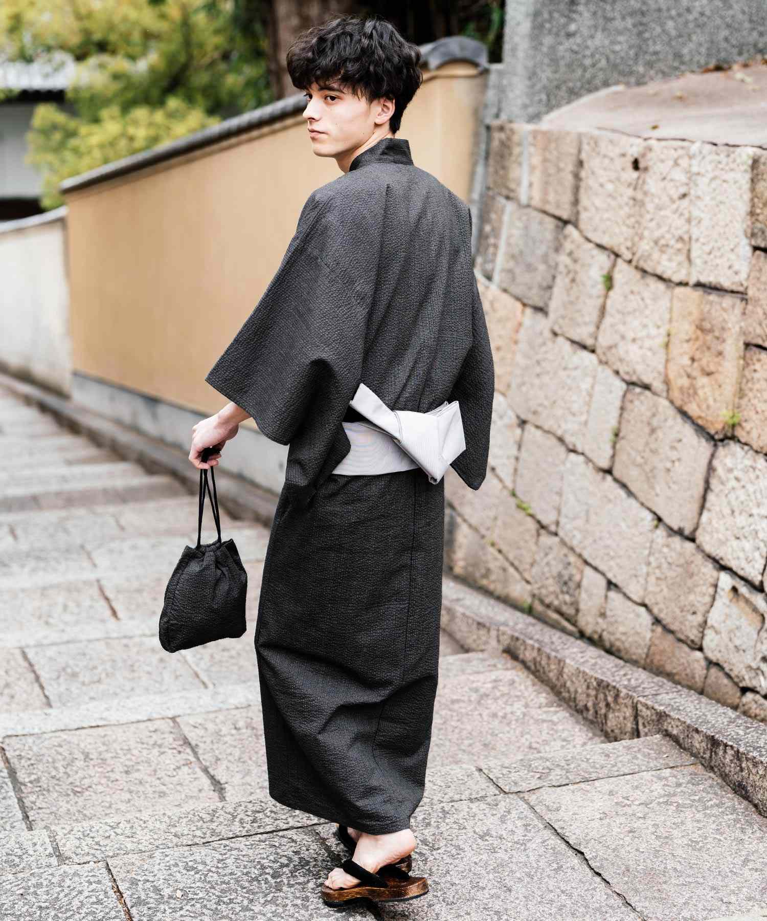 ロッキーモンロー Rocky Monroe 浴衣 5点セット メンズ 黒 下駄 扇子 帯 巾着 信玄袋 着物 和服 しじら織り シアサッカー 無地 ストライプレトロ モダン 花火大会 夏祭り 14155 (ネイビー-1) ネイビー-1