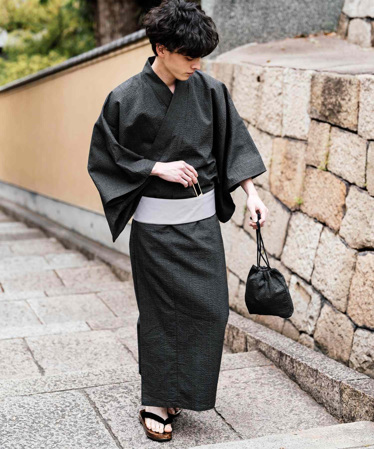 ロッキーモンロー Rocky Monroe 浴衣 5点セット メンズ 黒 下駄 扇子 帯 巾着 信玄袋 着物 和服 しじら織り シアサッカー 無地 ストライプレトロ モダン 花火大会 夏祭り 14155 (ネイビー-1) ネイビー-1