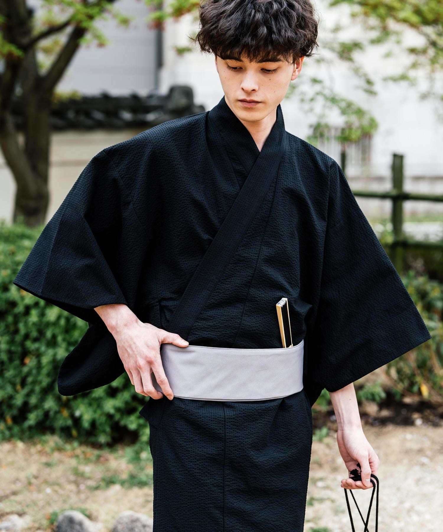 ロッキーモンロー Rocky Monroe 浴衣 5点セット メンズ 黒 下駄 扇子 帯 巾着 信玄袋 着物 和服 しじら織り シアサッカー 無地 ストライプレトロ モダン 花火大会 夏祭り 14155 (ネイビー-1) ネイビー-1