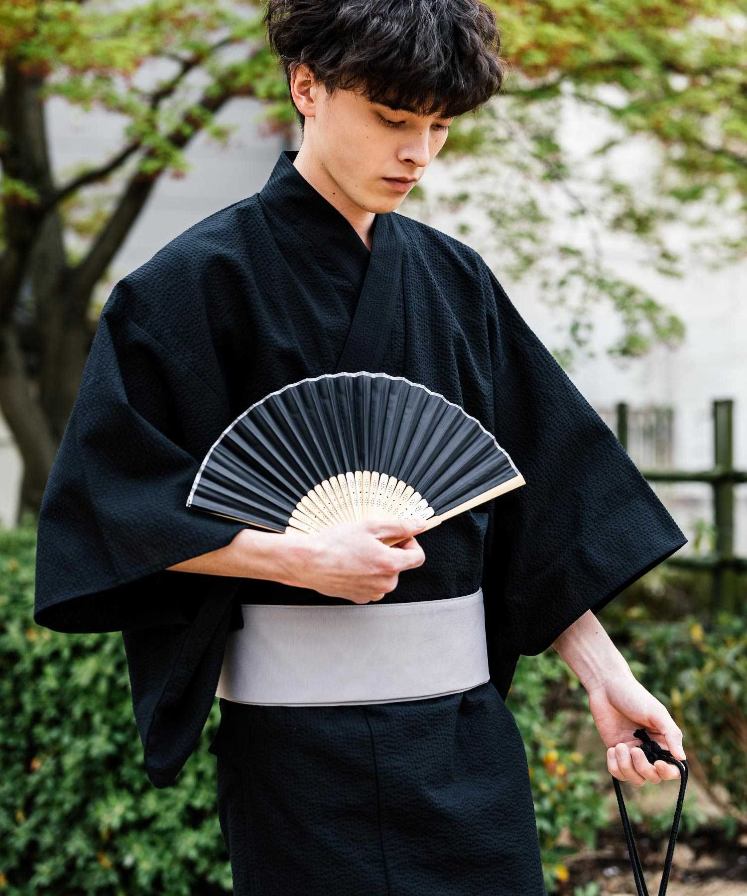 ロッキーモンロー Rocky Monroe 浴衣 5点セット メンズ 黒 下駄 扇子 帯 巾着 信玄袋 着物 和服 しじら織り シアサッカー 無地 ストライプレトロ モダン 花火大会 夏祭り 14155 (ネイビー-1) ネイビー-1