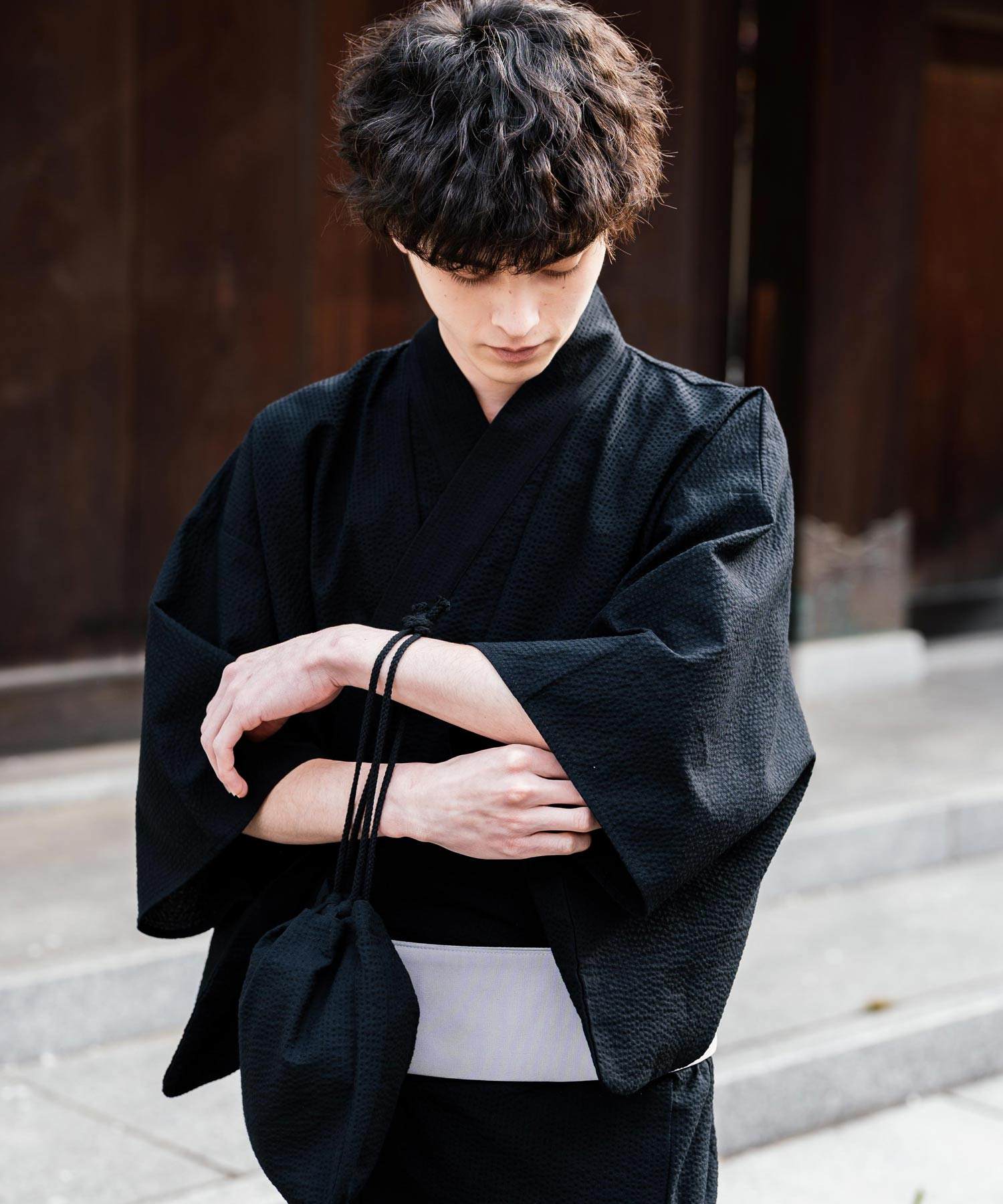 ロッキーモンロー Rocky Monroe 浴衣 5点セット メンズ 黒 下駄 扇子 帯 巾着 信玄袋 着物 和服 しじら織り シアサッカー 無地 ストライプレトロ モダン 花火大会 夏祭り 14155 (ネイビー-1) ネイビー-1