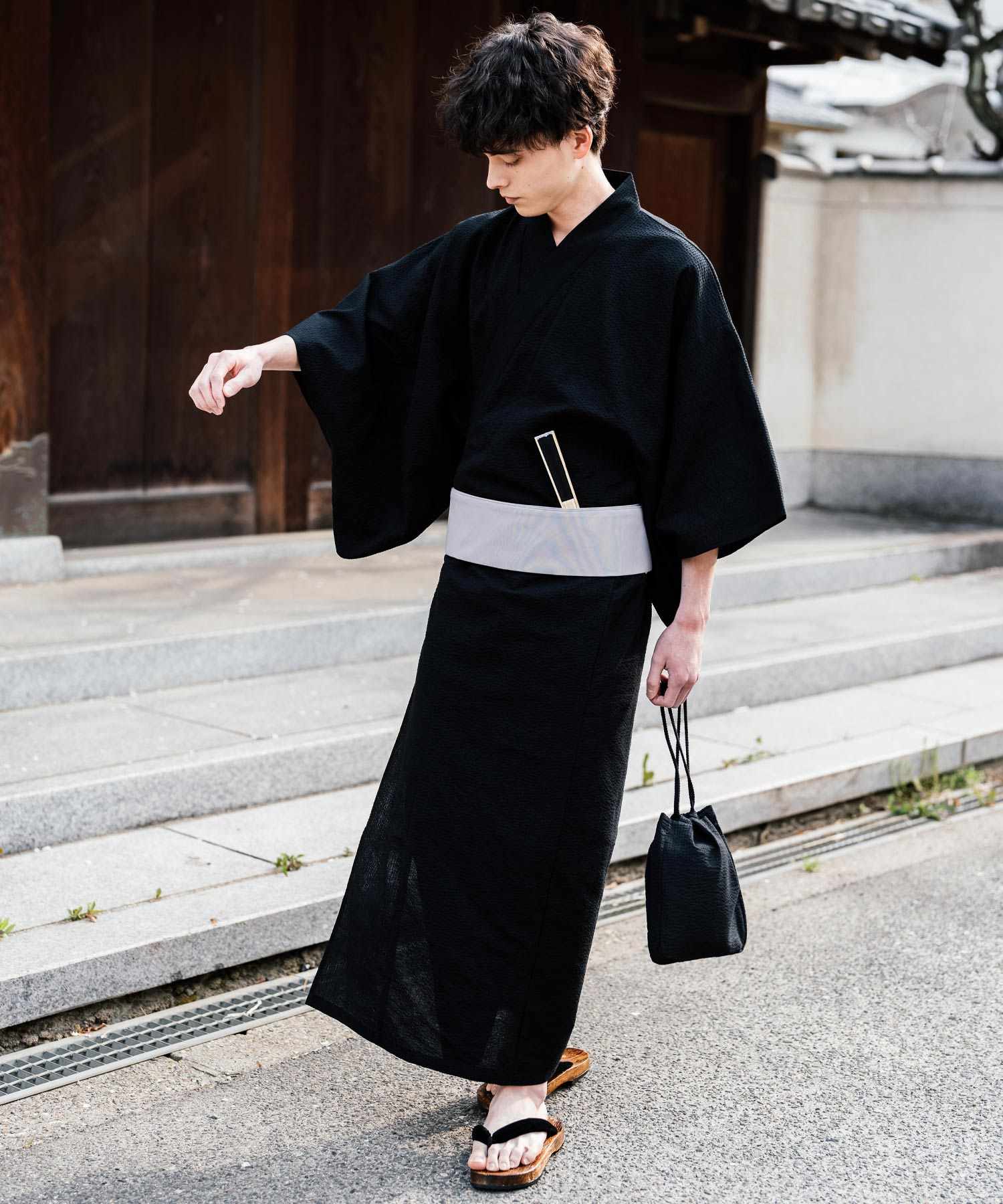 ロッキーモンロー Rocky Monroe 浴衣 5点セット メンズ 黒 下駄 扇子 帯 巾着 信玄袋 着物 和服 しじら織り シアサッカー 無地 ストライプレトロ モダン 花火大会 夏祭り 14155 (ネイビー-1) ネイビー-1