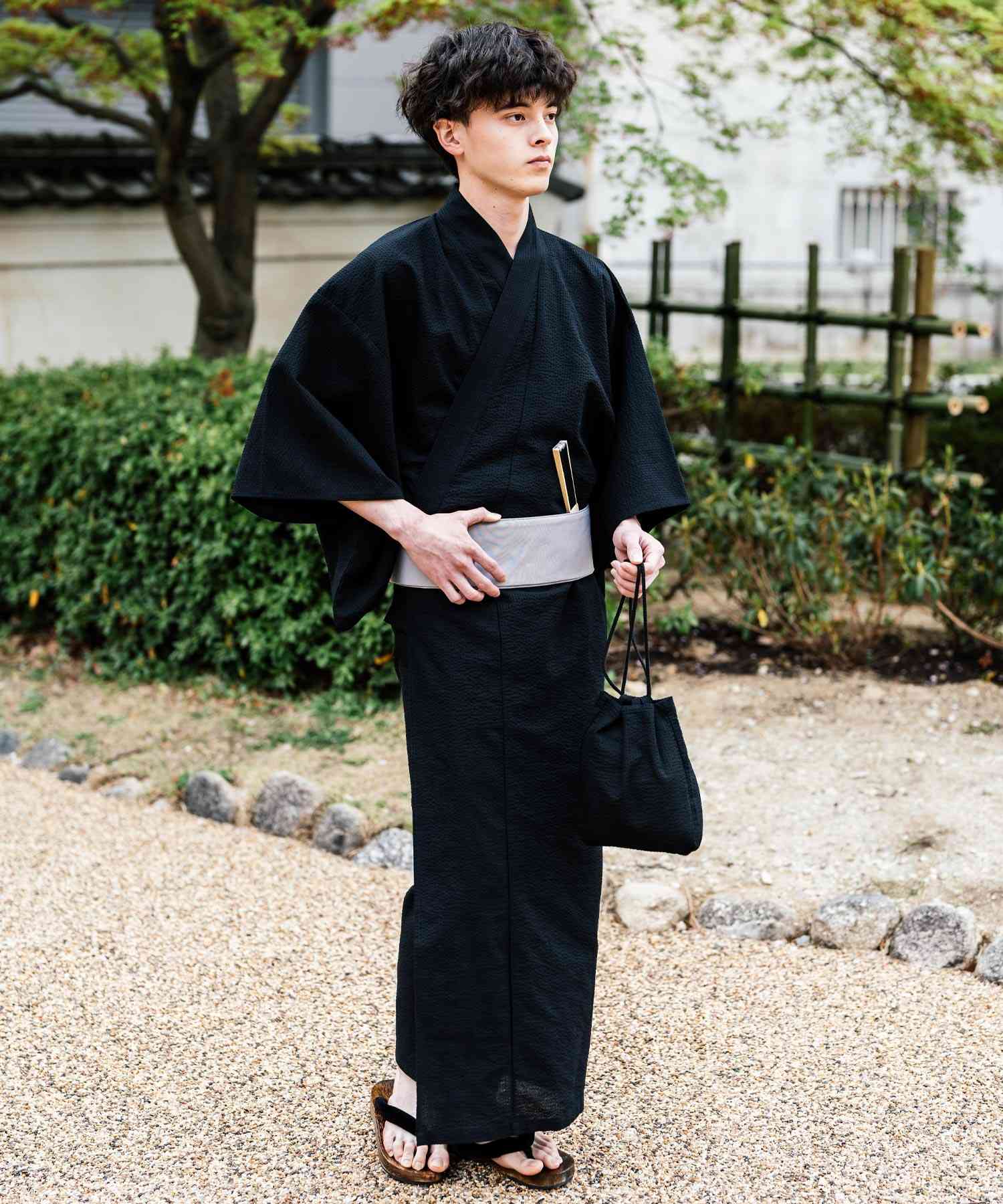 ロッキーモンロー Rocky Monroe 浴衣 5点セット メンズ 黒 下駄 扇子 帯 巾着 信玄袋 着物 和服 しじら織り シアサッカー 無地 ストライプレトロ モダン 花火大会 夏祭り 14155 (ネイビー-1) ネイビー-1