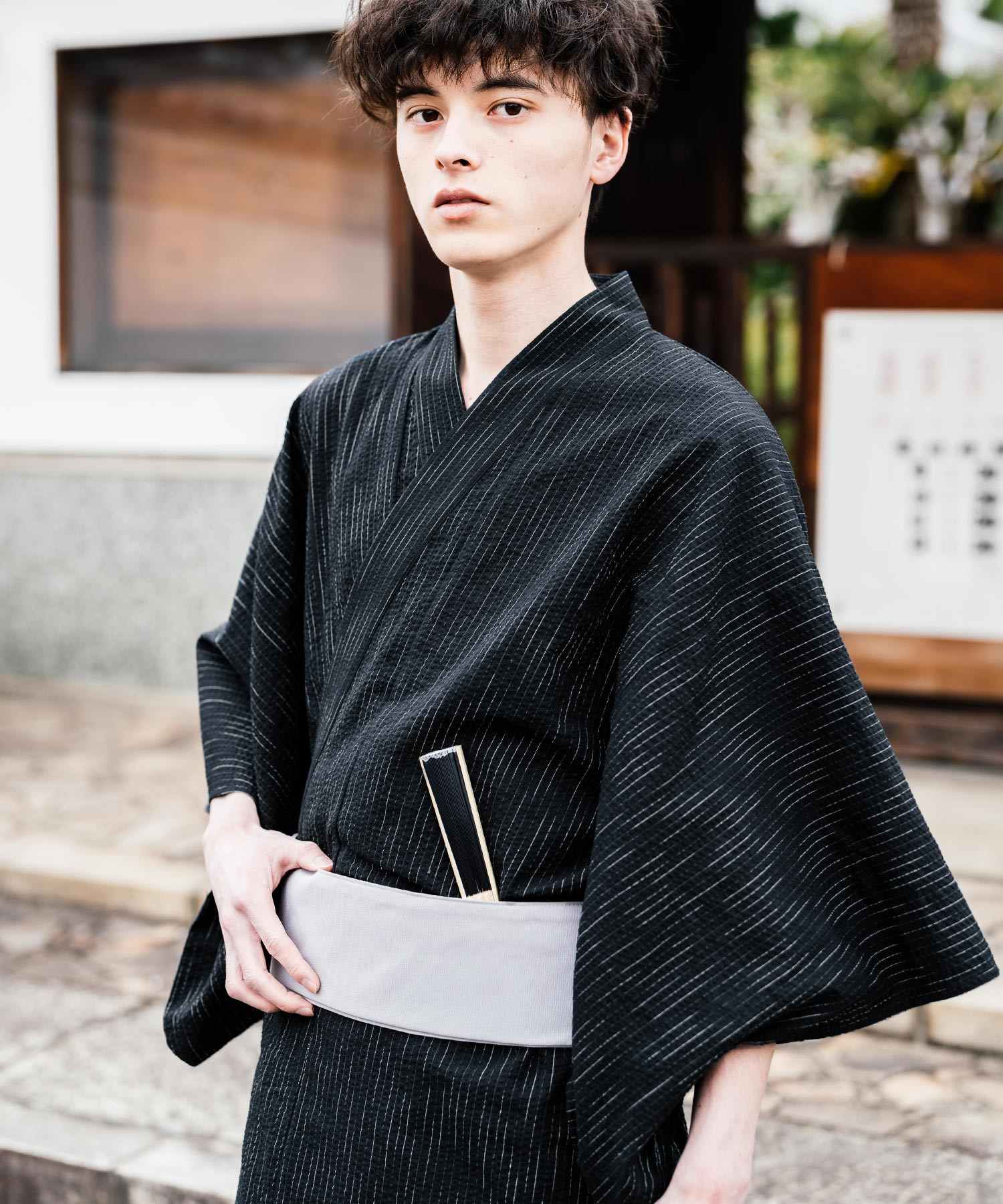 ロッキーモンロー Rocky Monroe 浴衣 5点セット メンズ 黒 下駄 扇子 帯 巾着 信玄袋 着物 和服 しじら織り シアサッカー 無地 ストライプレトロ モダン 花火大会 夏祭り 14155 (ネイビー-1) ネイビー-1