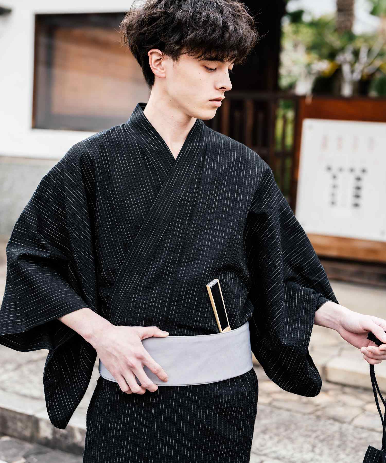 ロッキーモンロー Rocky Monroe 浴衣 5点セット メンズ 黒 下駄 扇子 帯 巾着 信玄袋 着物 和服 しじら織り シアサッカー 無地 ストライプレトロ モダン 花火大会 夏祭り 14155 (ネイビー-1) ネイビー-1